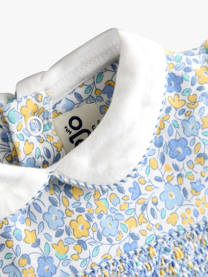 JoJo Maman Bébé baby romper set light blue floral smocked, imported from the UK
