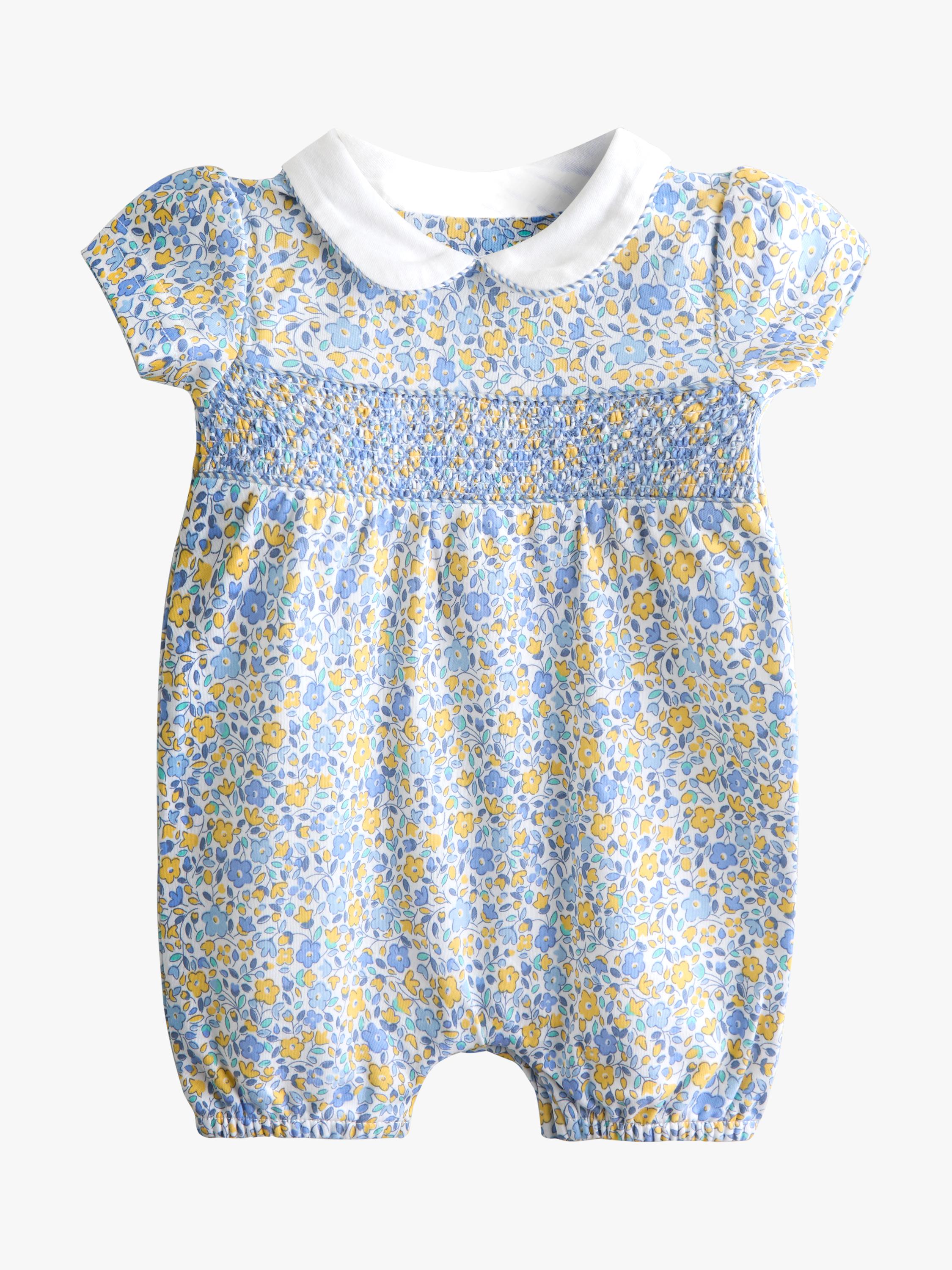 JoJo Maman Bébé baby romper set light blue floral smocked, imported from the UK