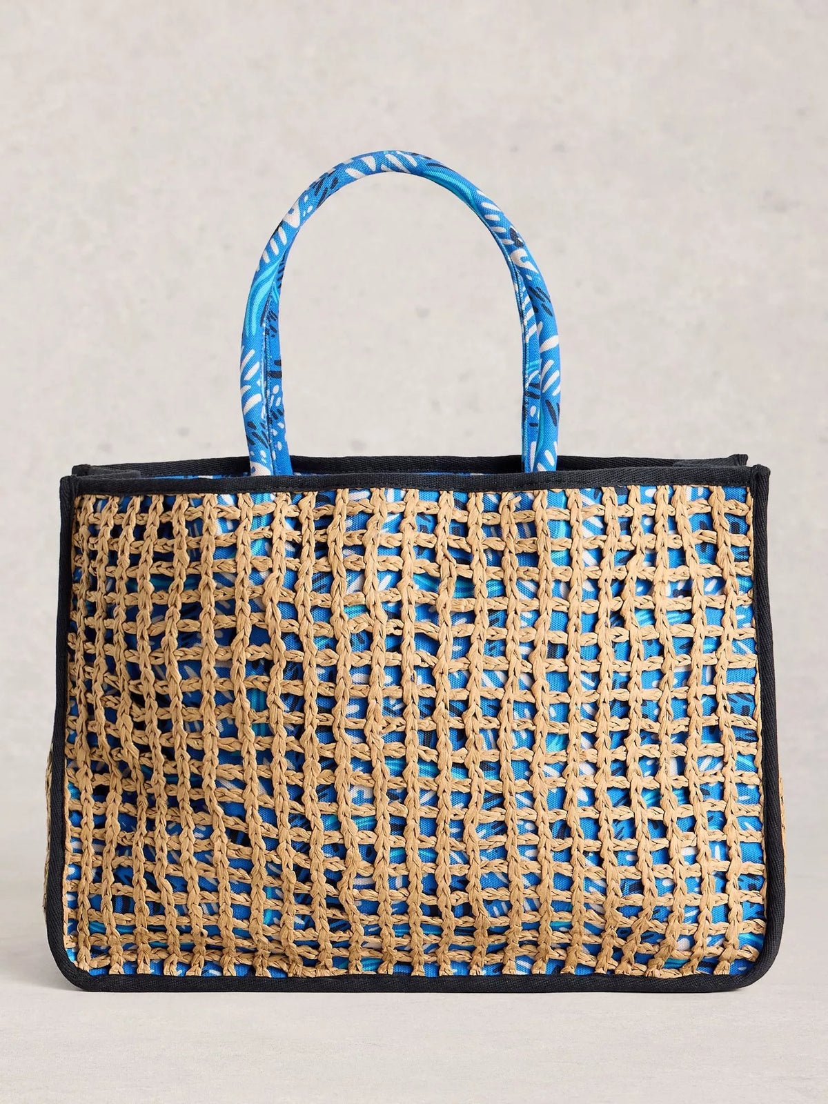White Stuff Jasmine Weave tote bag in brown and blue, British brand
