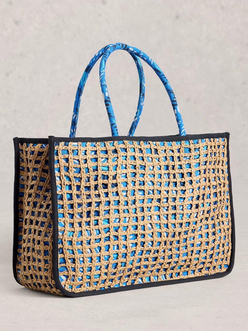 White Stuff Jasmine Weave tote bag in brown and blue, British brand