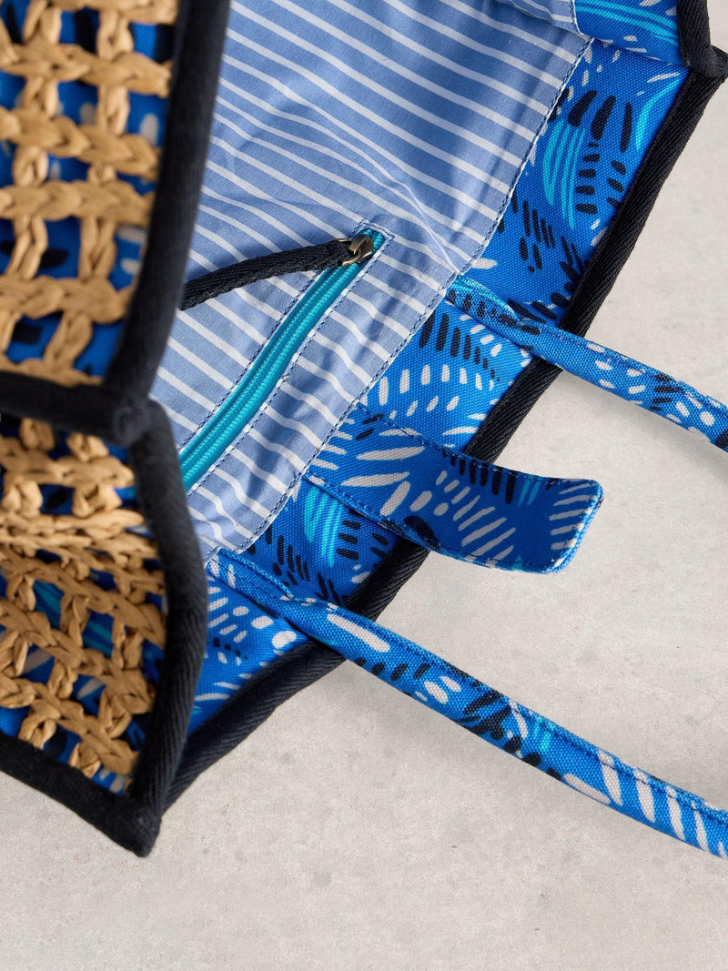 White Stuff Jasmine Weave tote bag in brown and blue, British brand