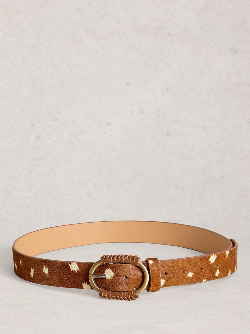 White Stuff brown animal-spot wide leather belt, UK version