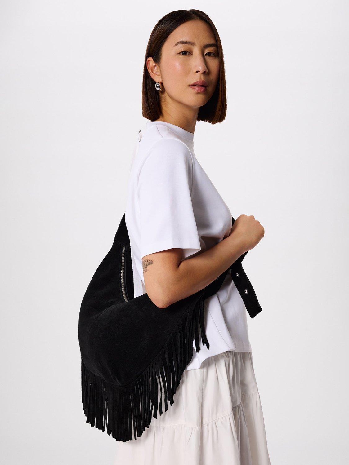 Whistles suede fringed shoulder bag black, UK version