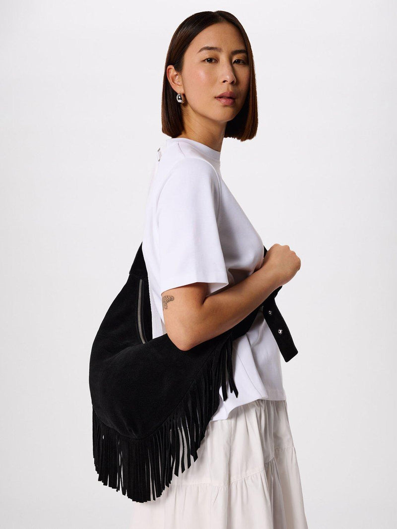 Whistles suede fringed shoulder bag black, UK version