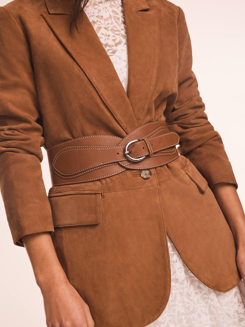 Mint Velvet wide waist leather belt with contrast stitching, imported from the UK