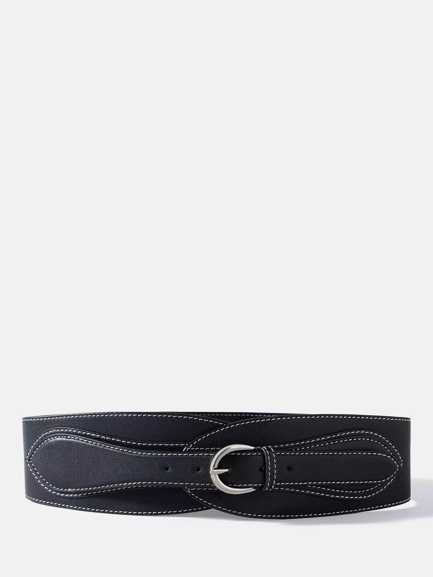 Mint Velvet wide waist leather belt with contrast stitching, imported from the UK