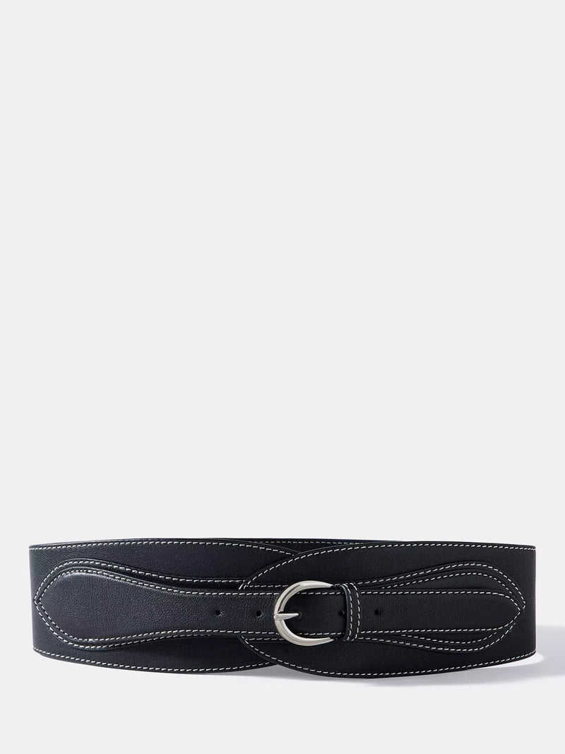 Mint Velvet wide waist leather belt with contrast stitching, imported from the UK