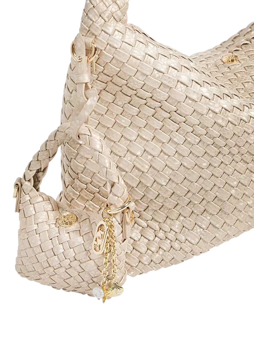 Dune London Deliberatexs Woven Bag Charm, Champagne