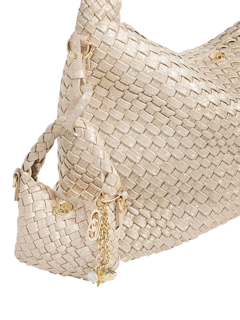 Dune London Deliberatexs Woven Bag Charm, Champagne