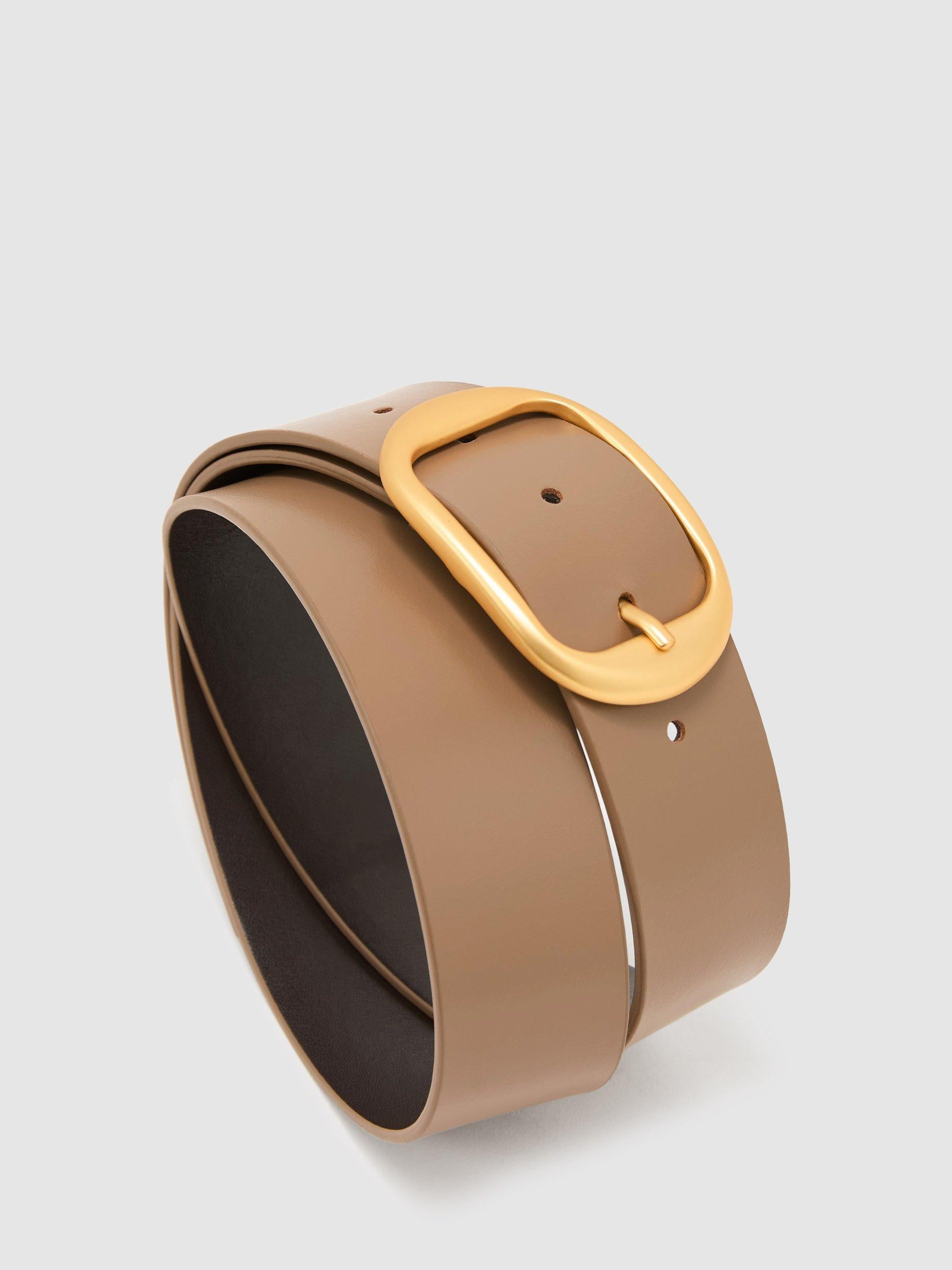 Reiss Athena oval buckle pure leather belt in taupe (British brand)