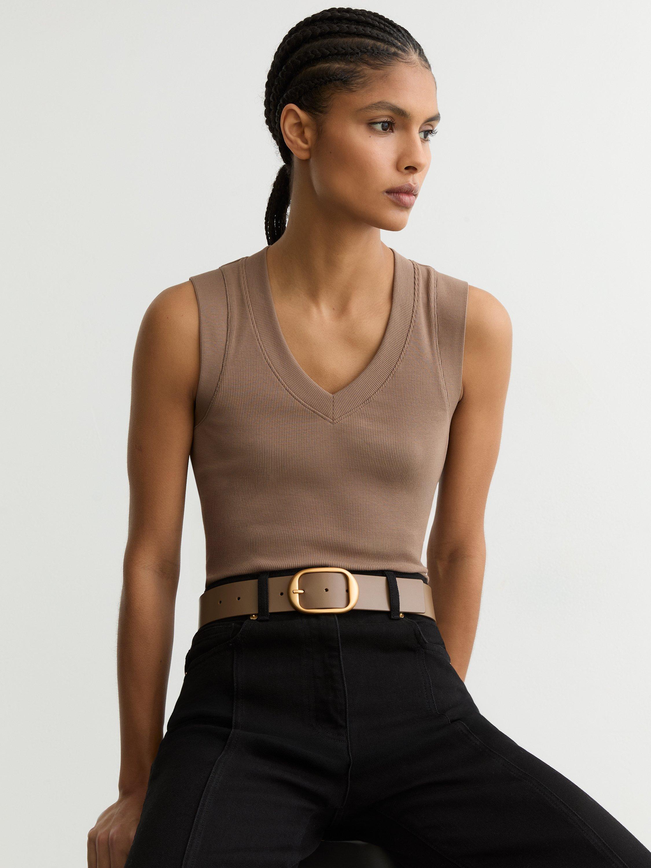 Reiss Athena oval buckle pure leather belt in taupe (British brand)
