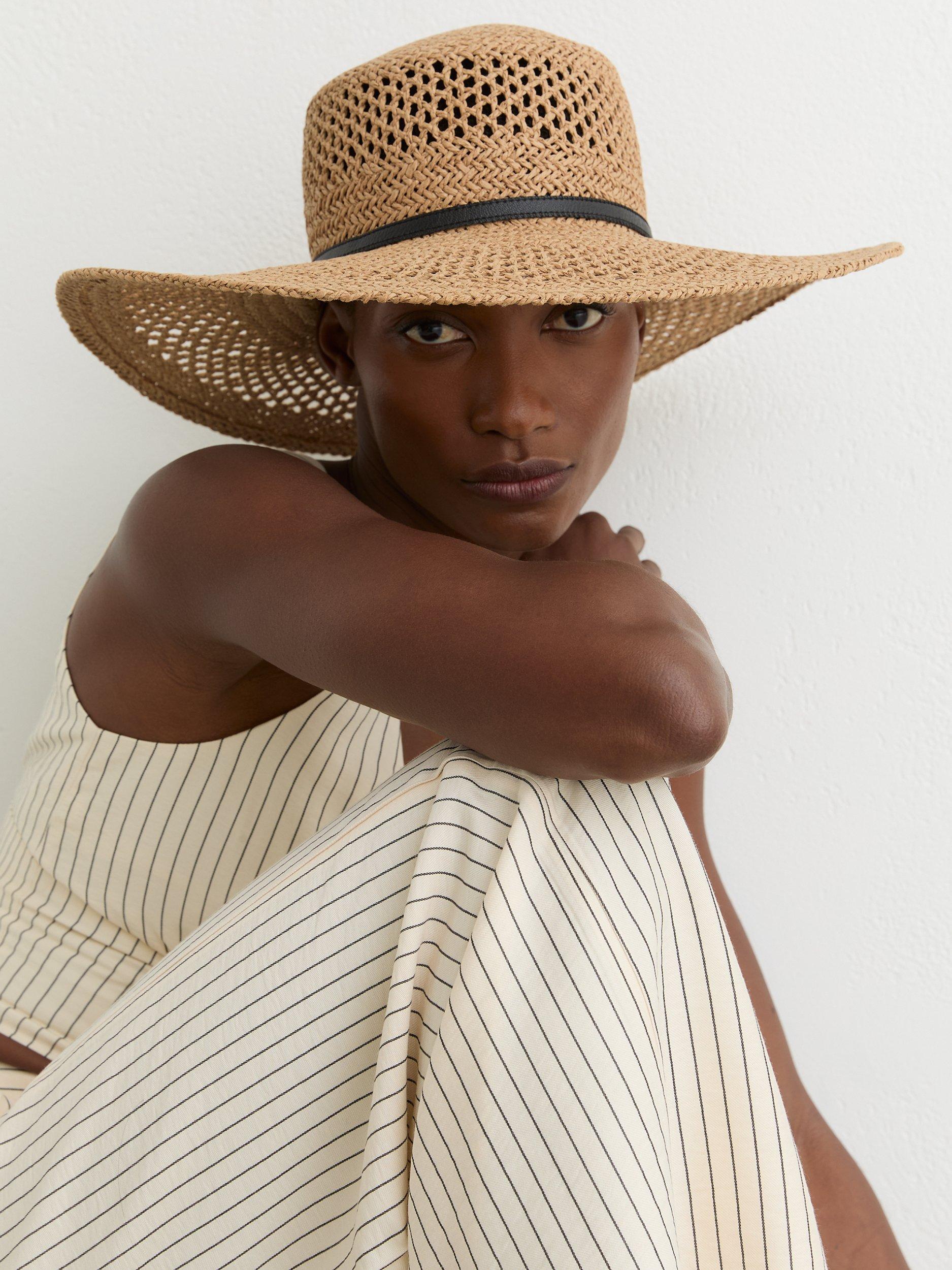 Reiss Astrid straw hat brown leather band, imported from the UK