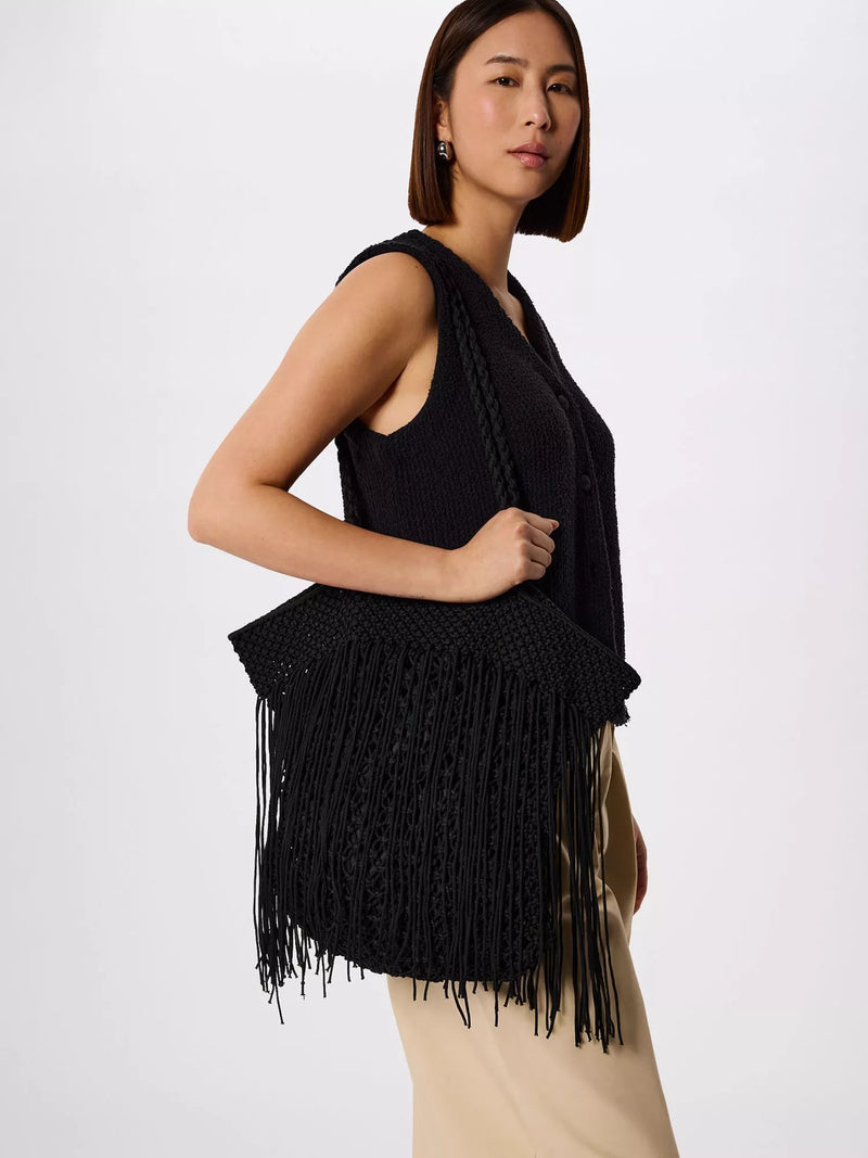 Whistles crochet fringe shoulder bag black, UK version