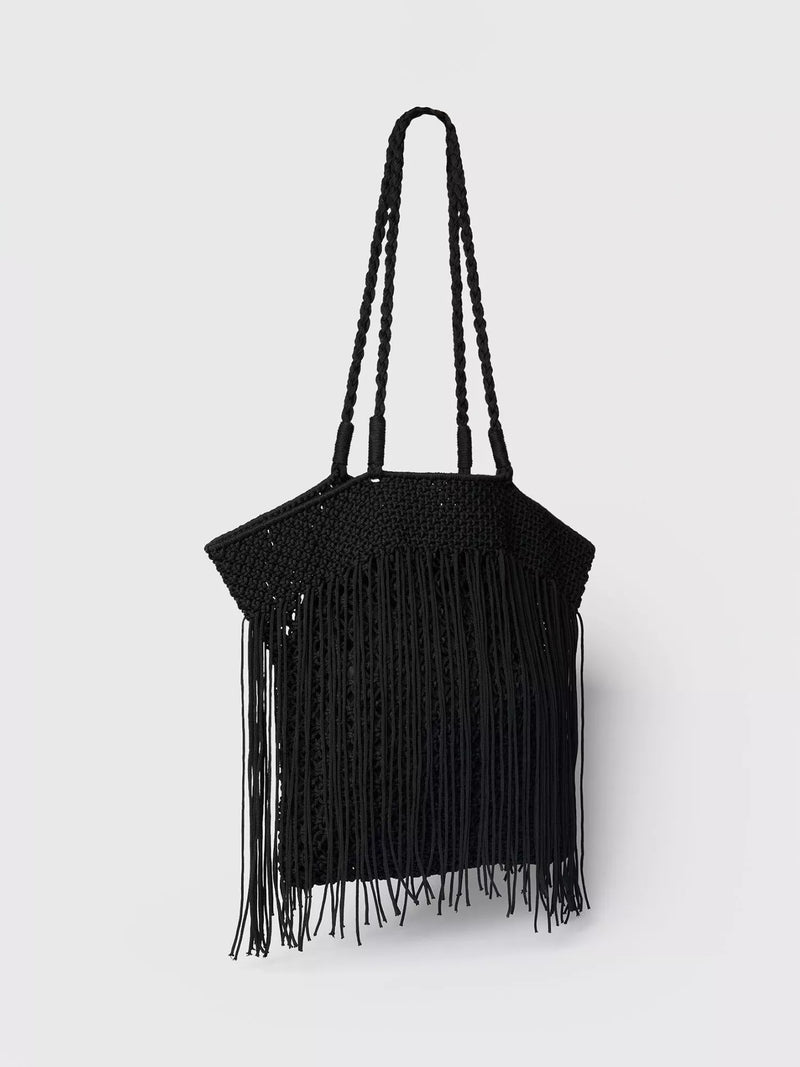 Whistles crochet fringe shoulder bag black, UK version