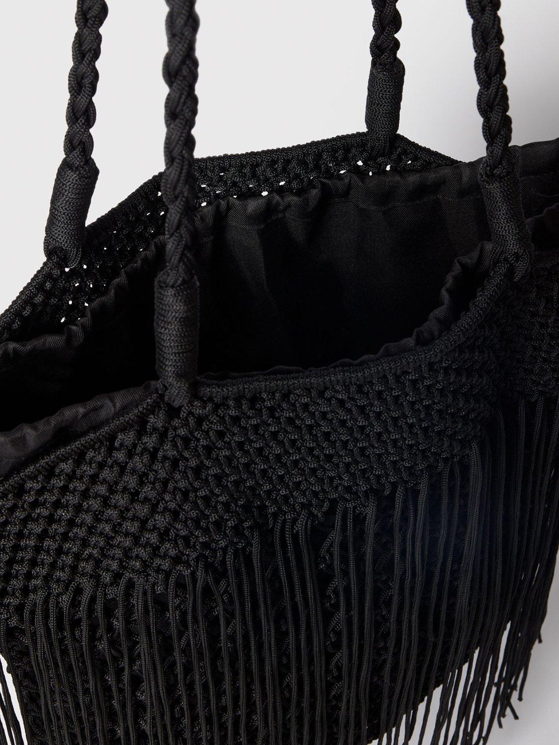 Whistles crochet fringe shoulder bag black, UK version