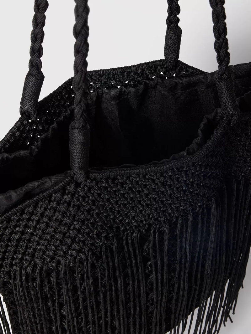 Whistles crochet fringe shoulder bag black, UK version