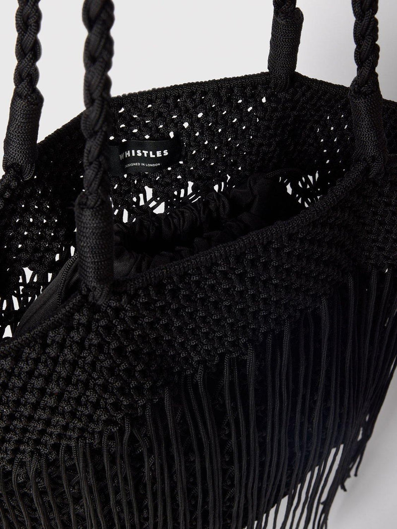 Whistles crochet fringe shoulder bag black, UK version