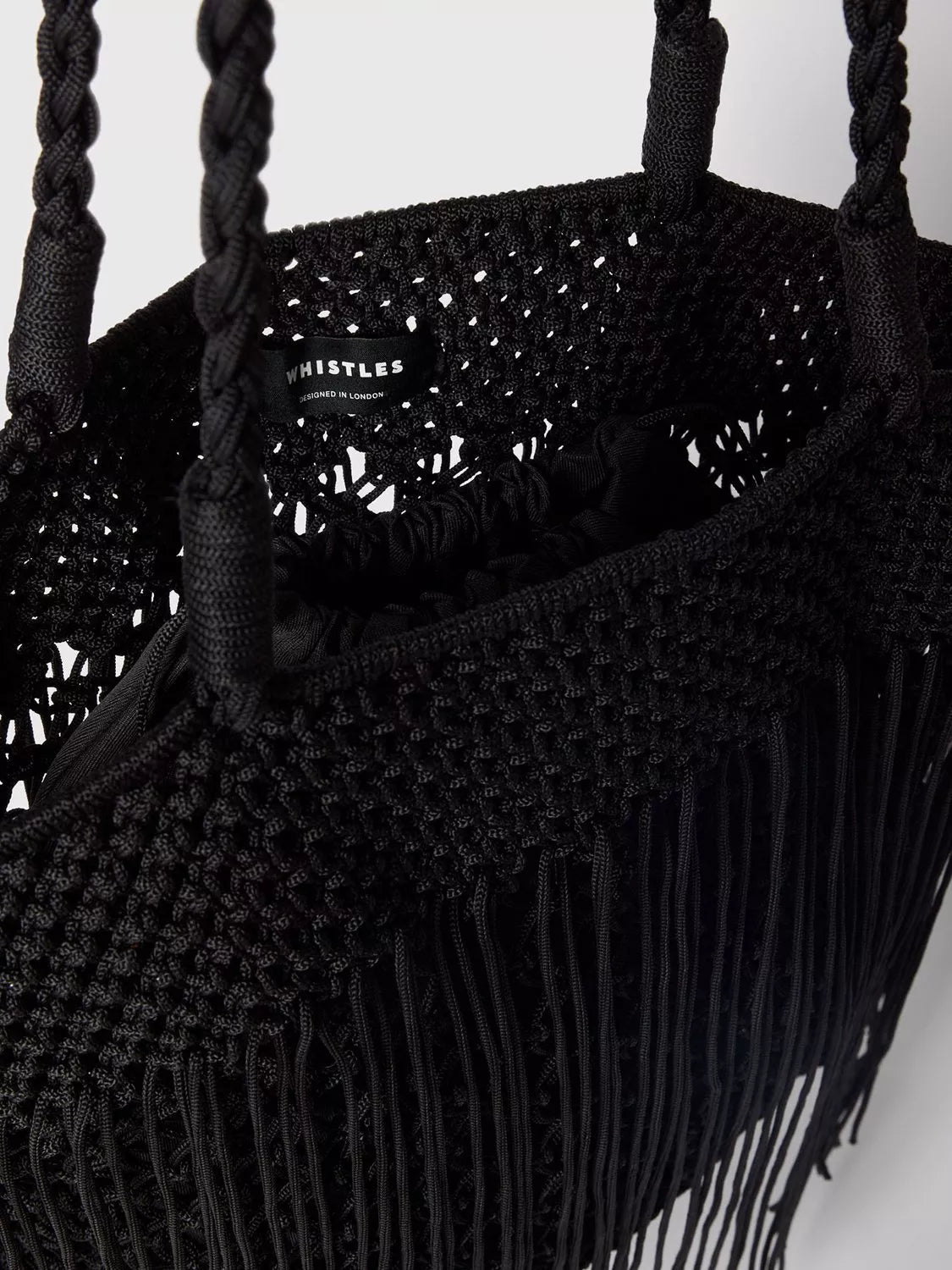Whistles crochet fringe shoulder bag black, UK version