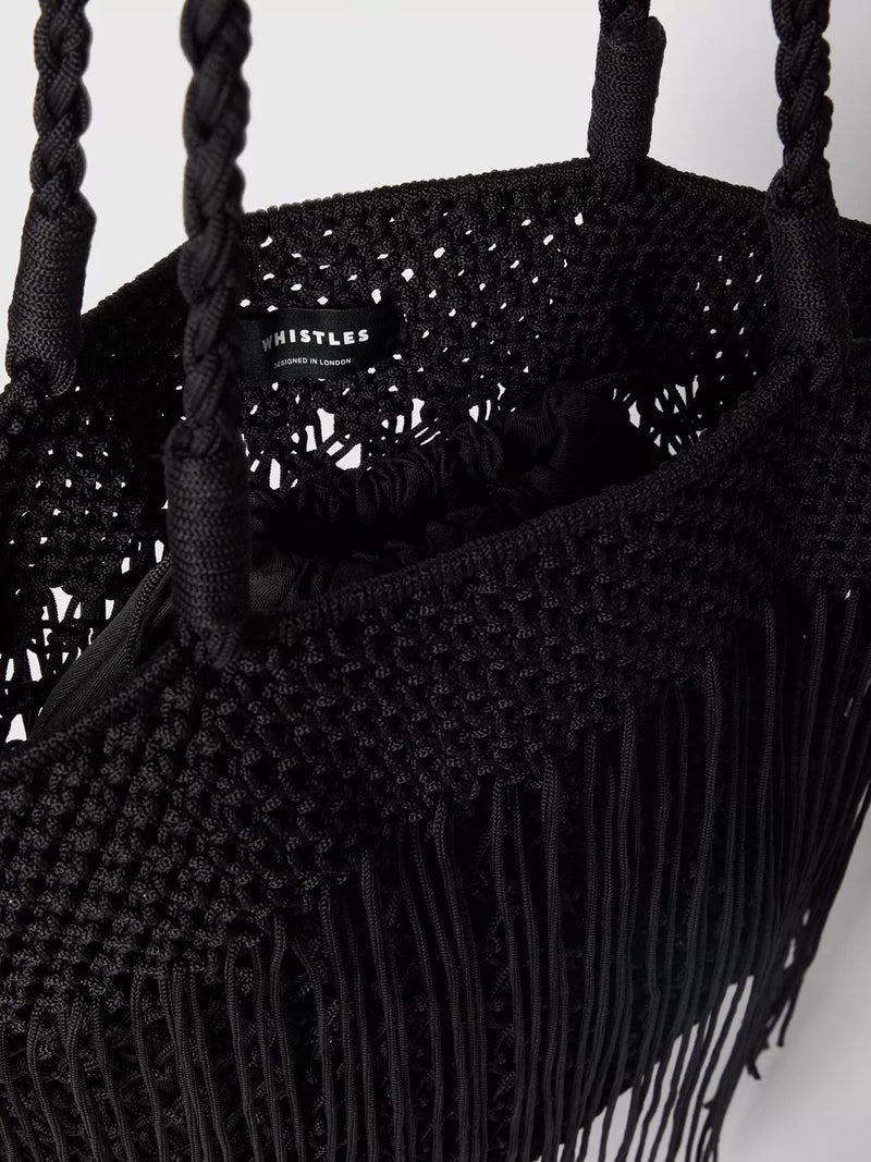 Whistles crochet fringe shoulder bag black, UK version