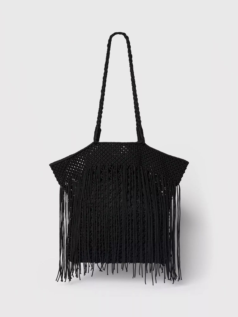 Whistles crochet fringe shoulder bag black, UK version