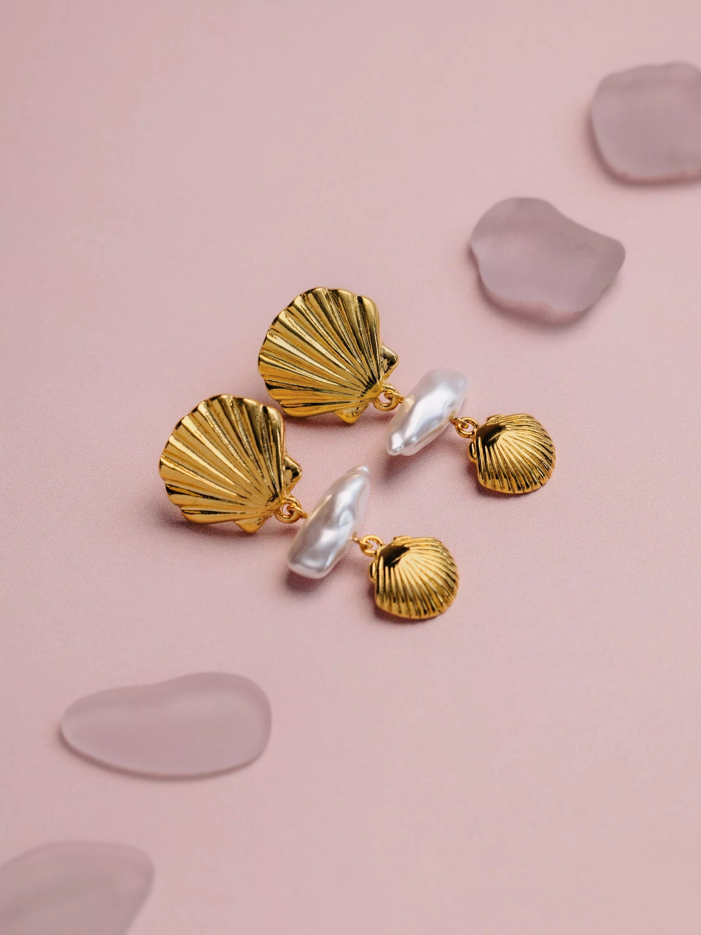 Orelia gold plated shell and faux pearl drop earrings, imported from the UK