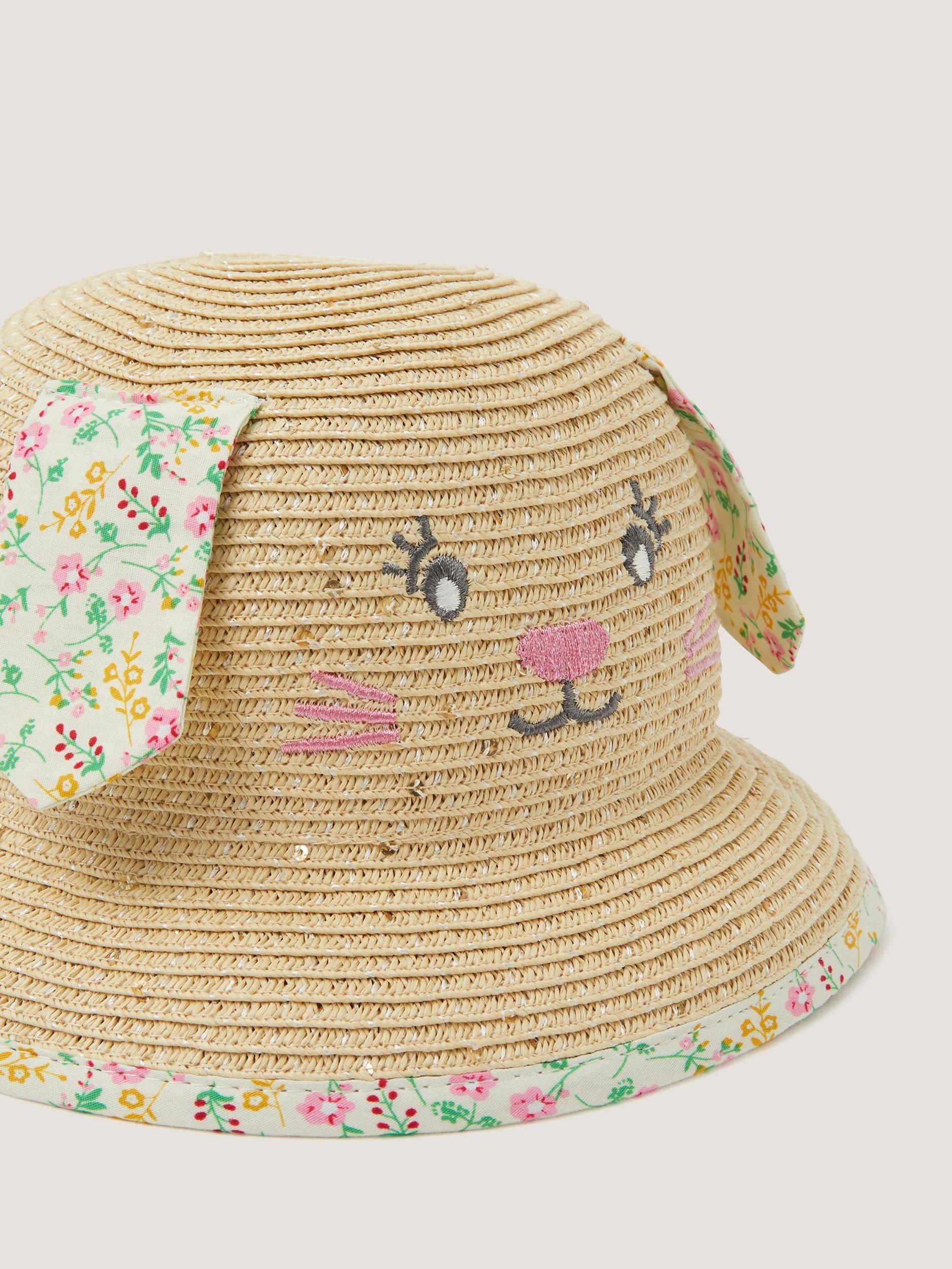 Monsoon baby straw hat with bunny face in multi, imported from the UK