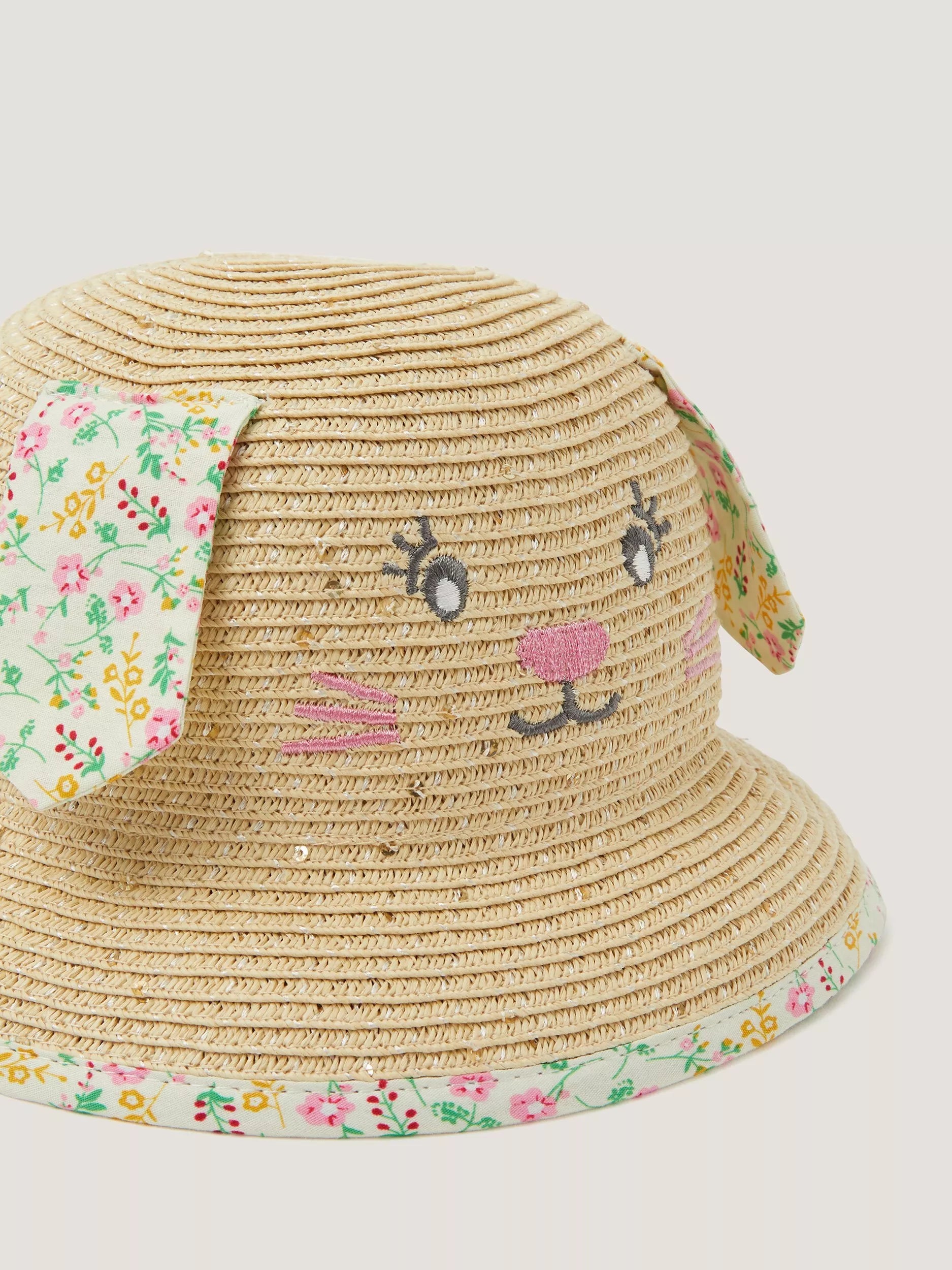 Monsoon baby straw hat with bunny face in multi, imported from the UK
