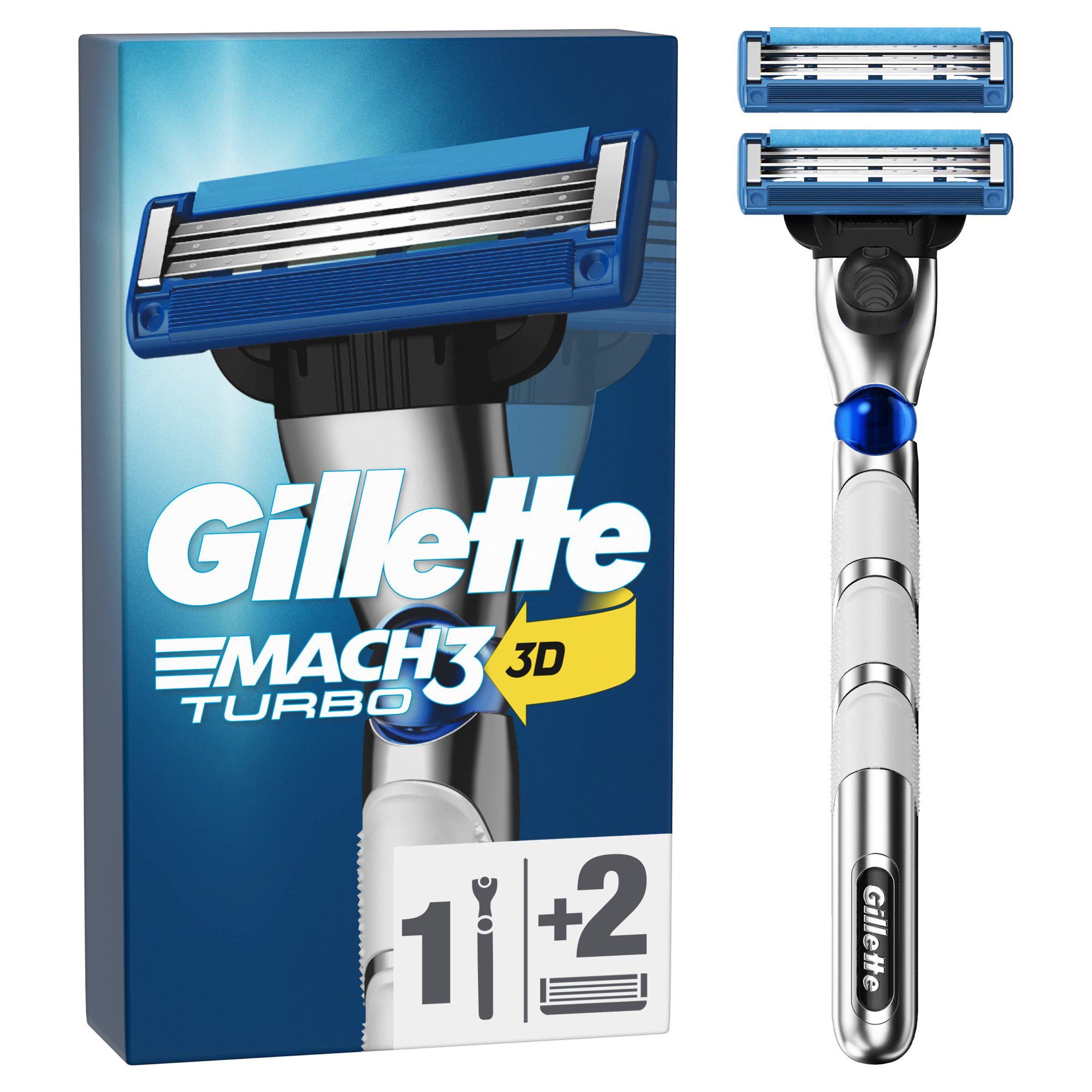 Gillette Mach3 Turbo 3D Action Razor Handle + 2 Blade Refills GOODS Sainsburys   