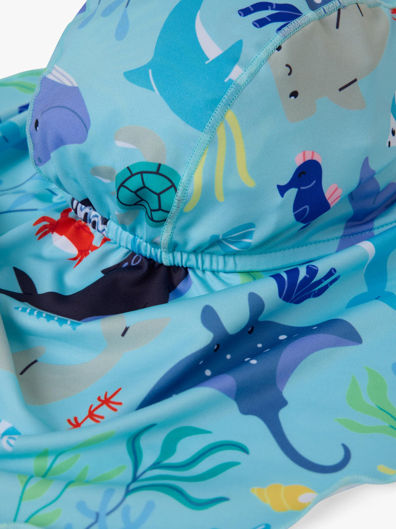Polarn O. Pyret kids swim hat in blue with sea life print, imported from the UK