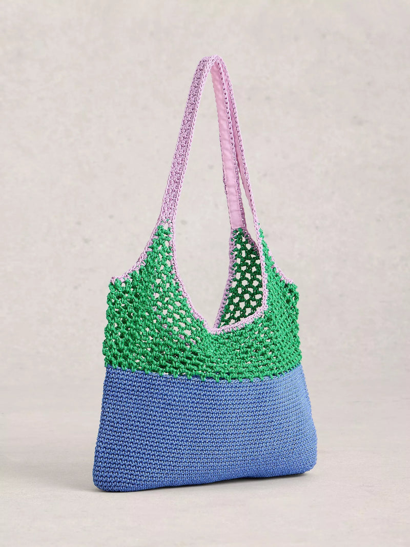 White Stuff Christe crochet shopper bag Blue/Multi, imported from the UK