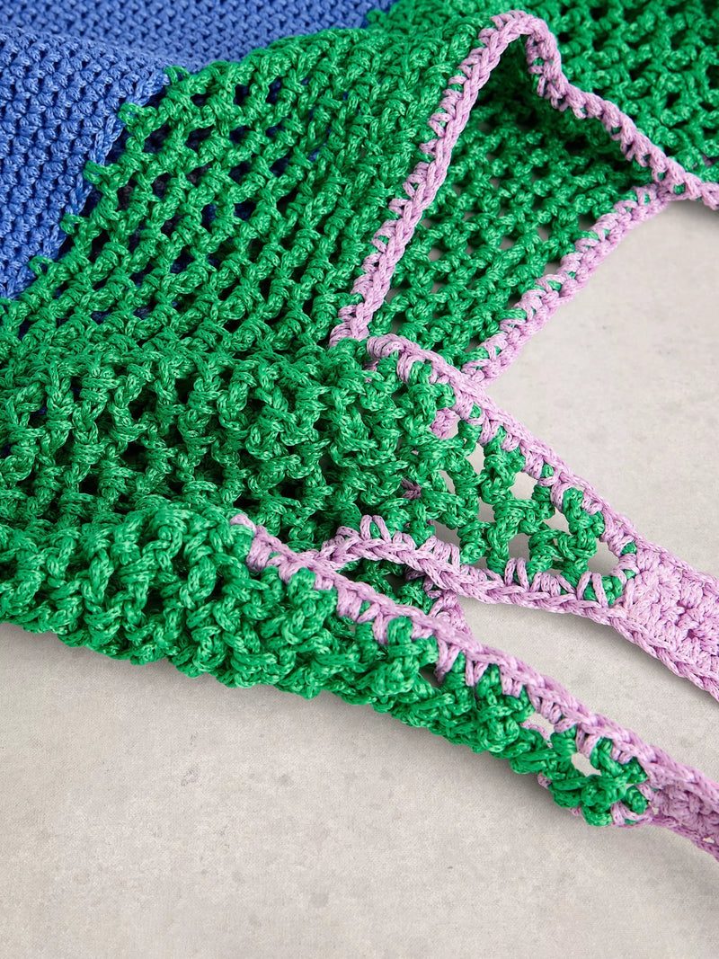 White Stuff Christe crochet shopper bag Blue/Multi, imported from the UK