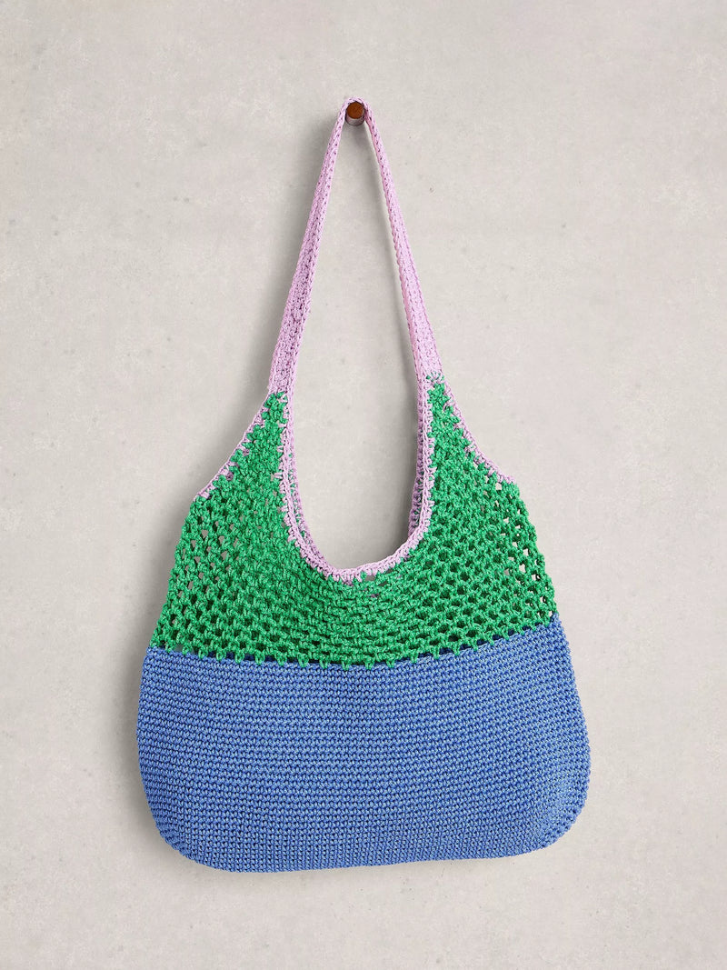White Stuff Christe crochet shopper bag Blue/Multi, imported from the UK