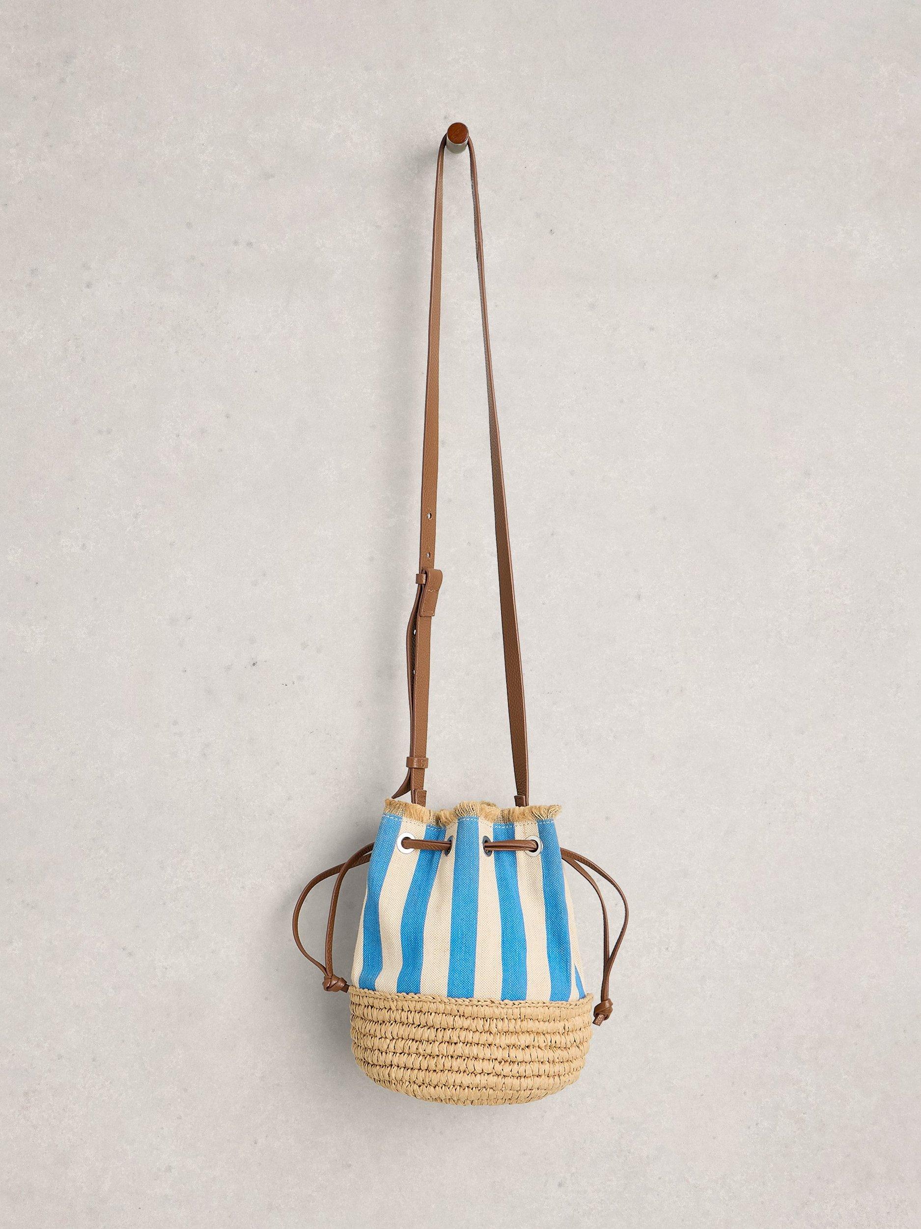 White Stuff Mia Stripe drawstring bag with canvas and raffia (British brand)