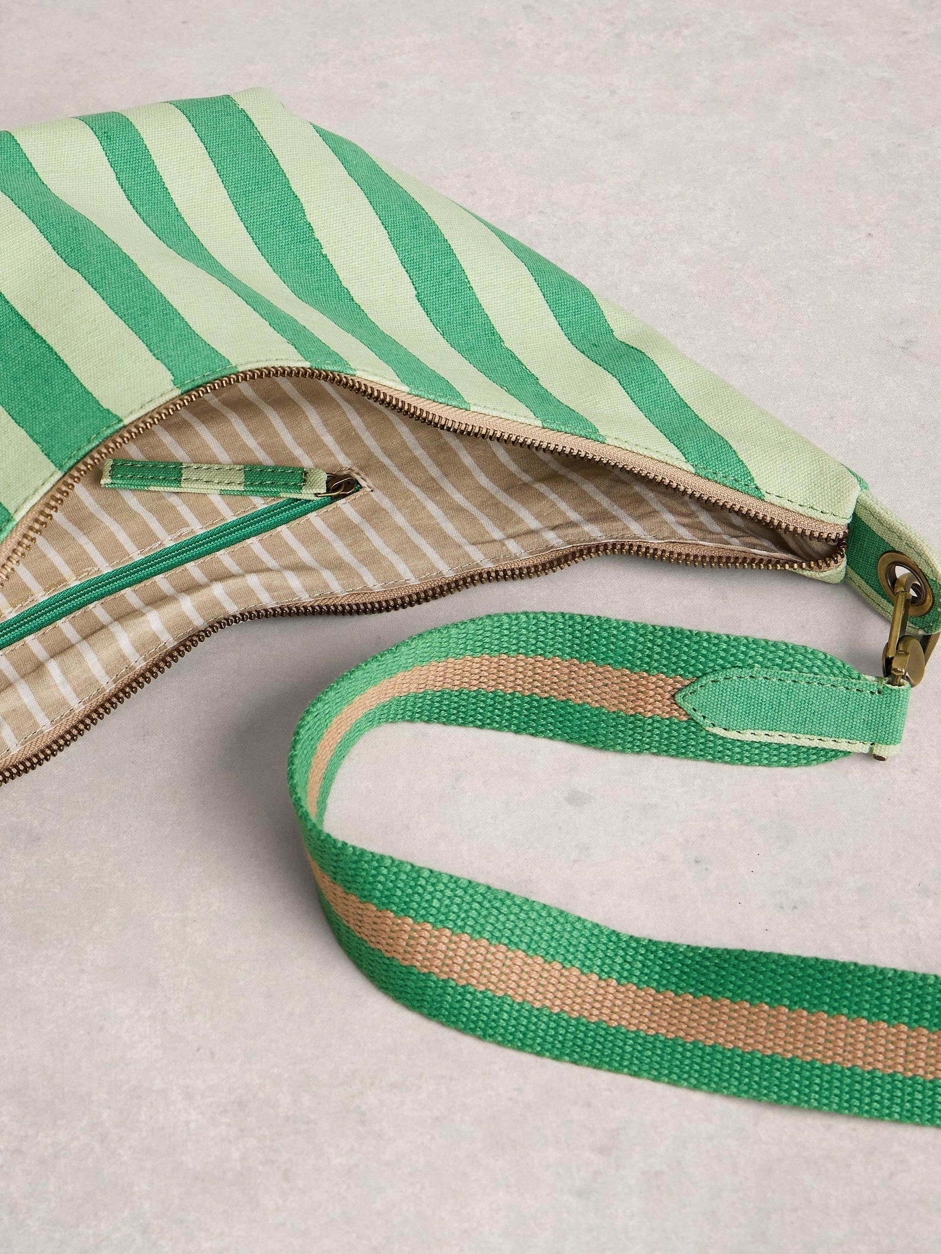 White Stuff crescent crossbody bag green multi stripe, UK version