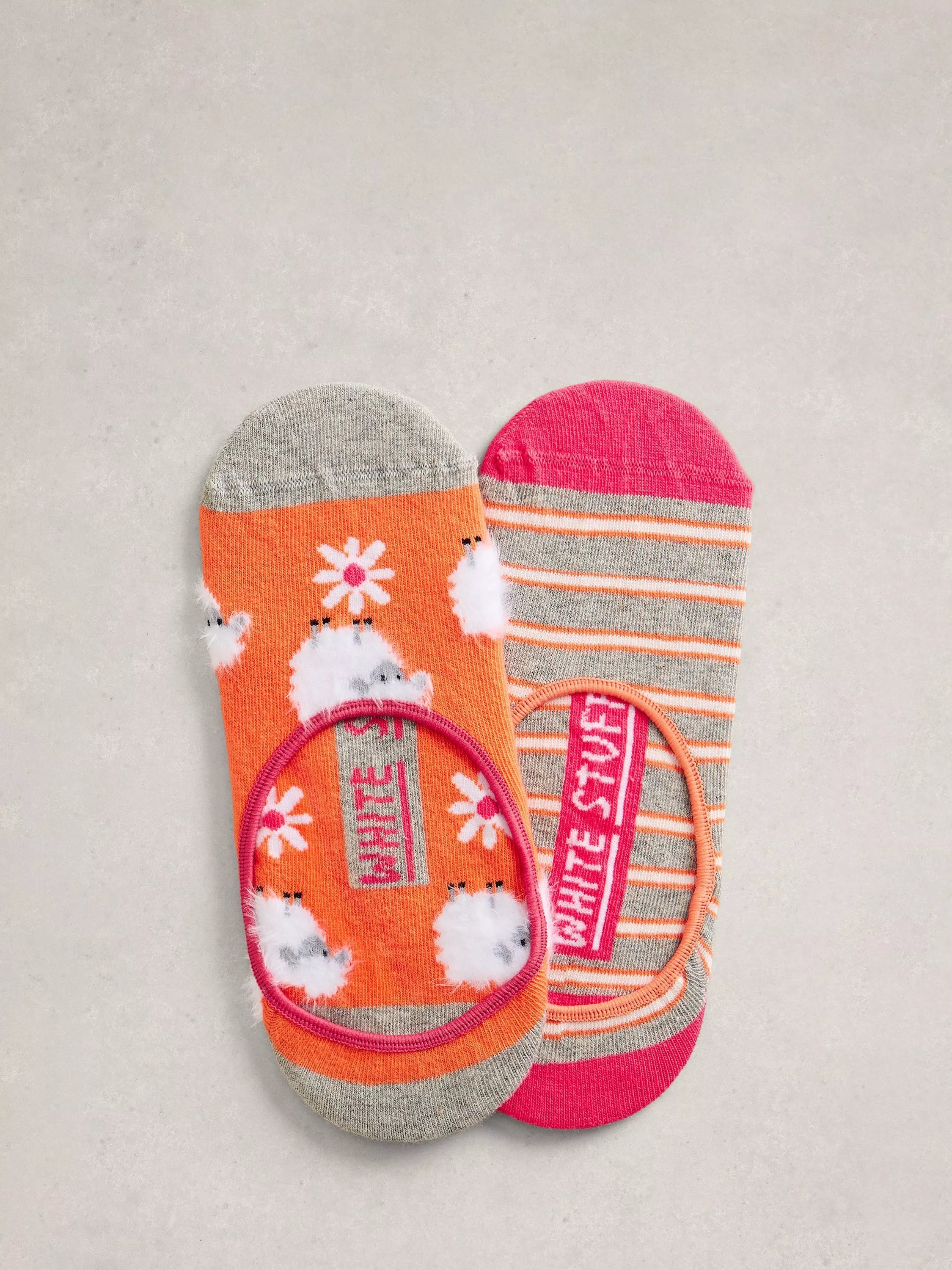 White Stuff Sheep/Stripe Trainer Liner Socks, Pack of 2, Grey/Multi, 3-5.5