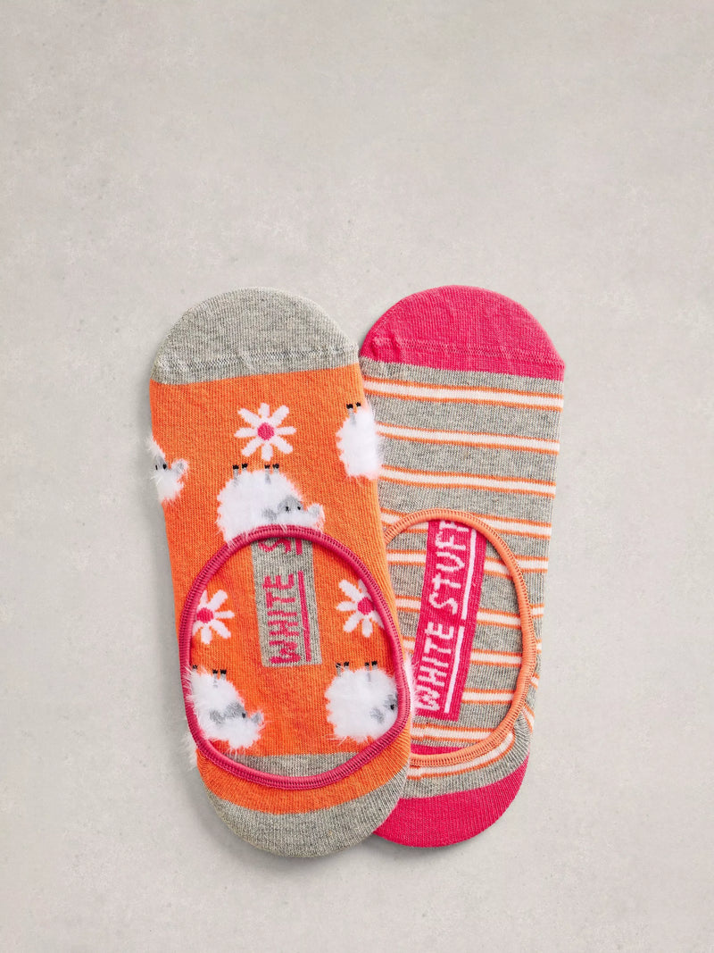White Stuff Sheep/Stripe Trainer Liner Socks, Pack of 2, Grey/Multi, 3-5.5