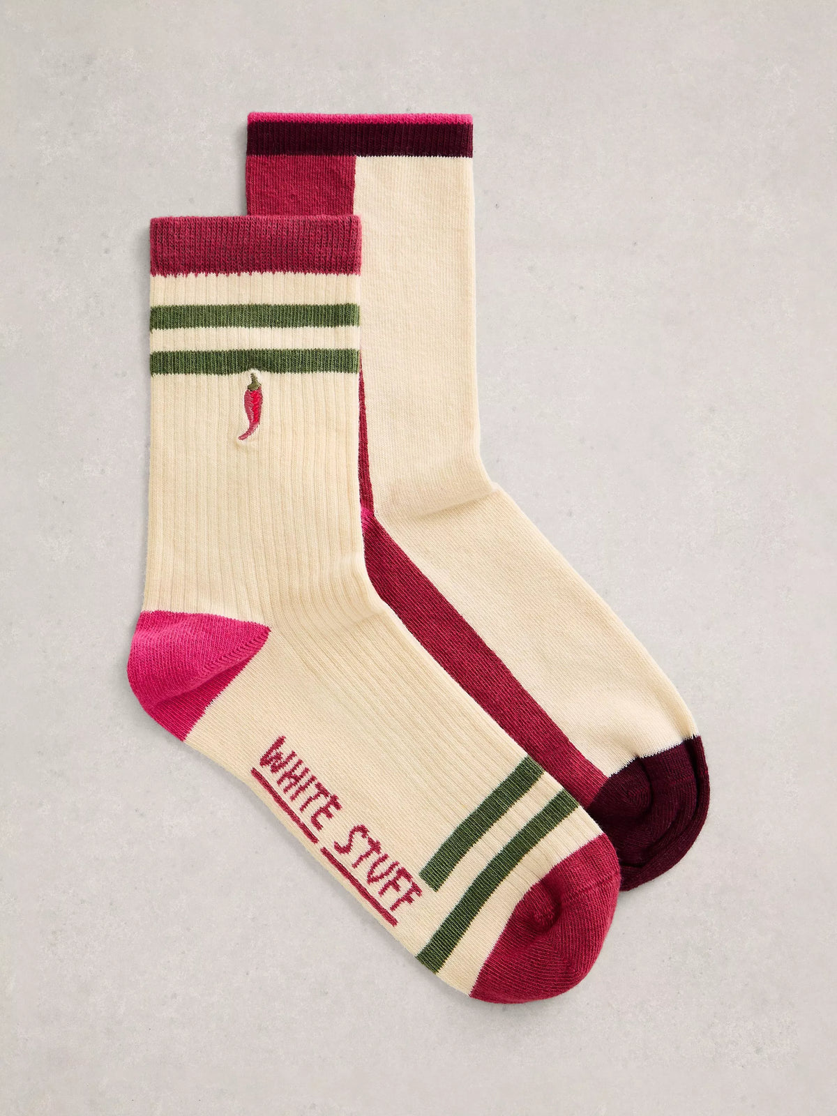 White Stuff ankle socks in red with chilli and stripe pattern, British brand