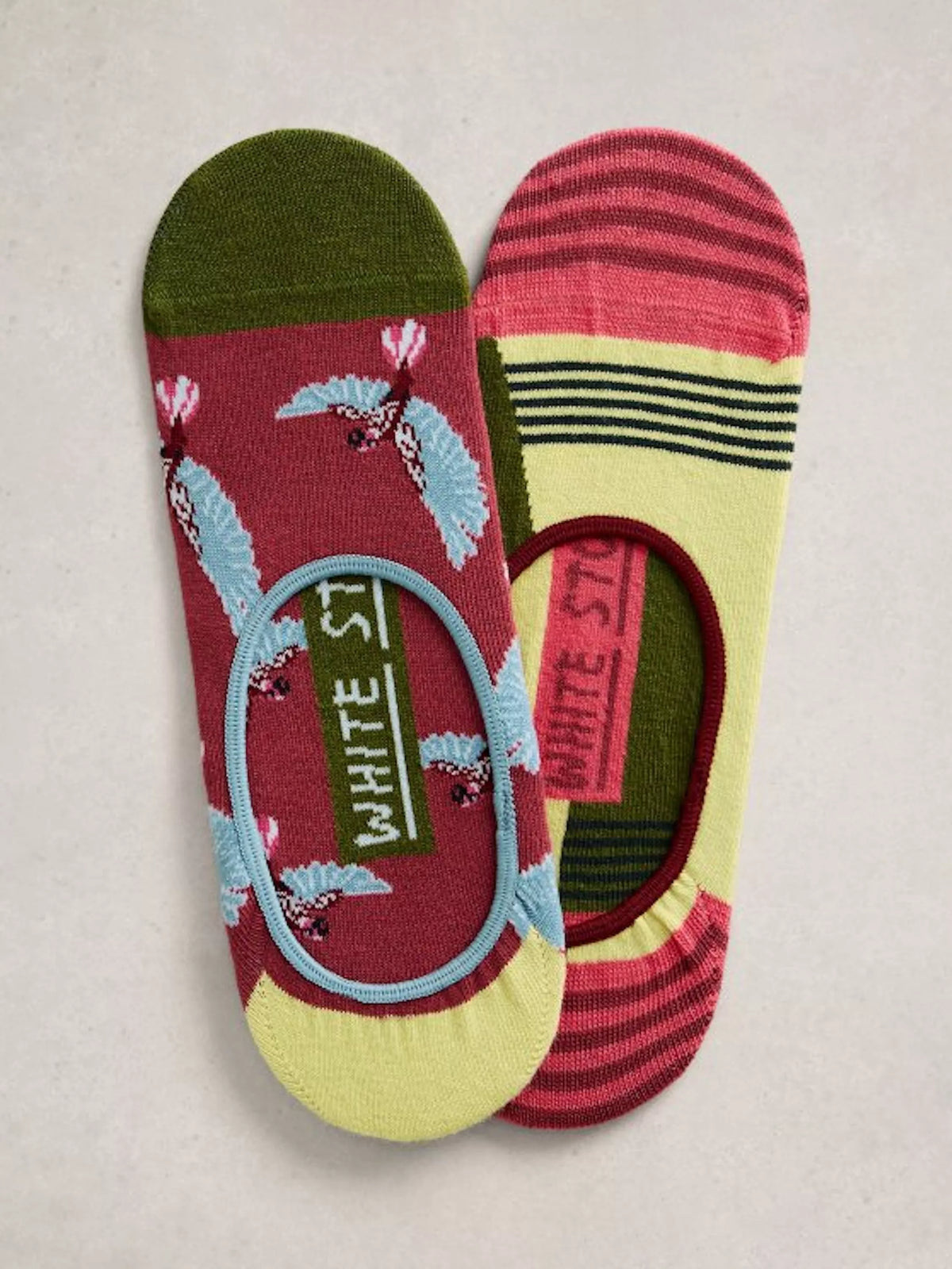 White Stuff sock liners bird stripe print red/multi 2-pack (British brand)