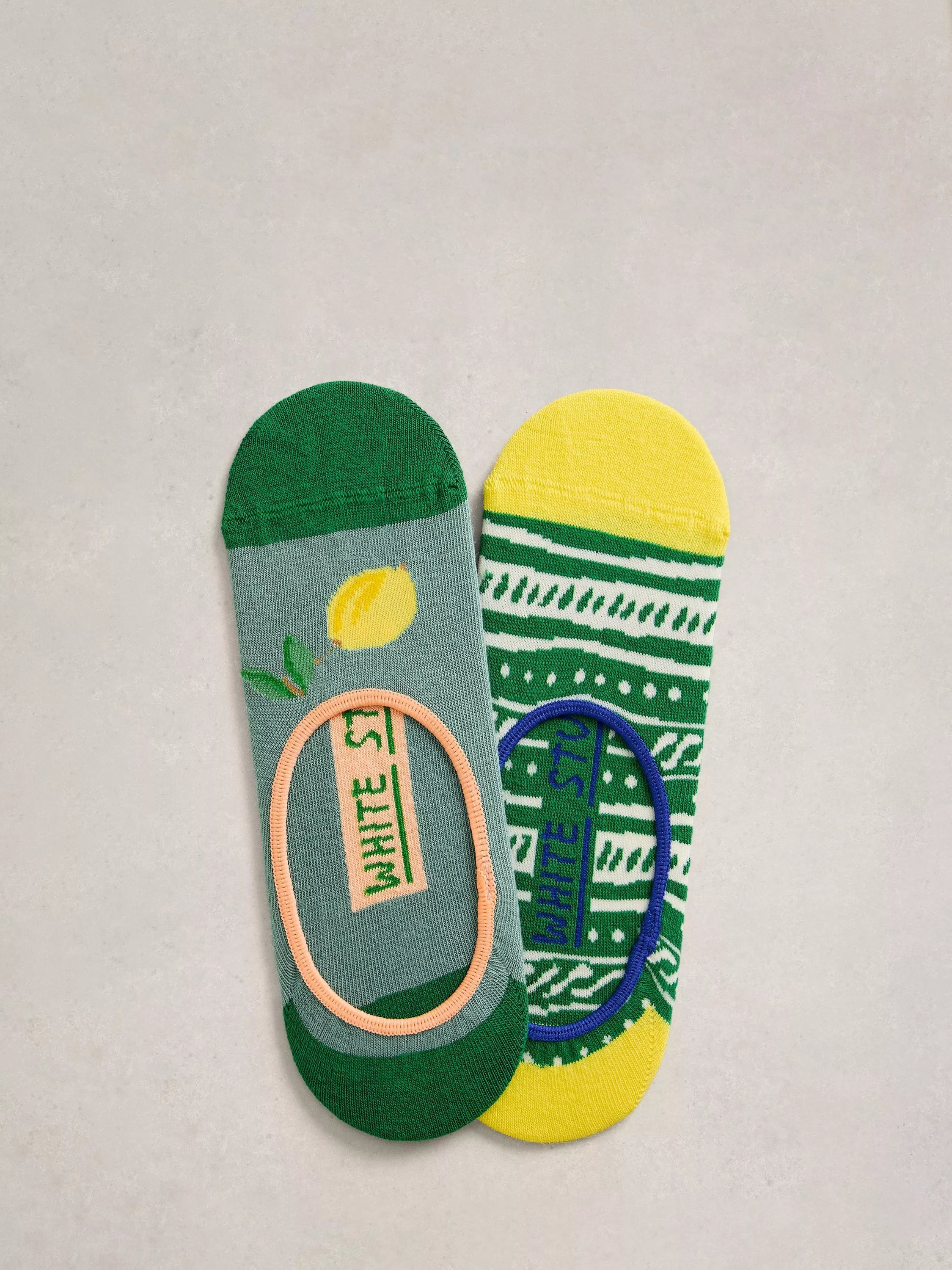 White Stuff Lemon/Stripe Trainer Liner Socks, Pack of 2, Green/Multi, 3-5.5