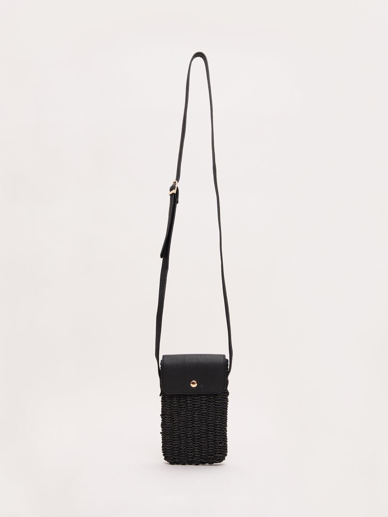 Phase Eight straw crossbody phone bag black, imported from the UK