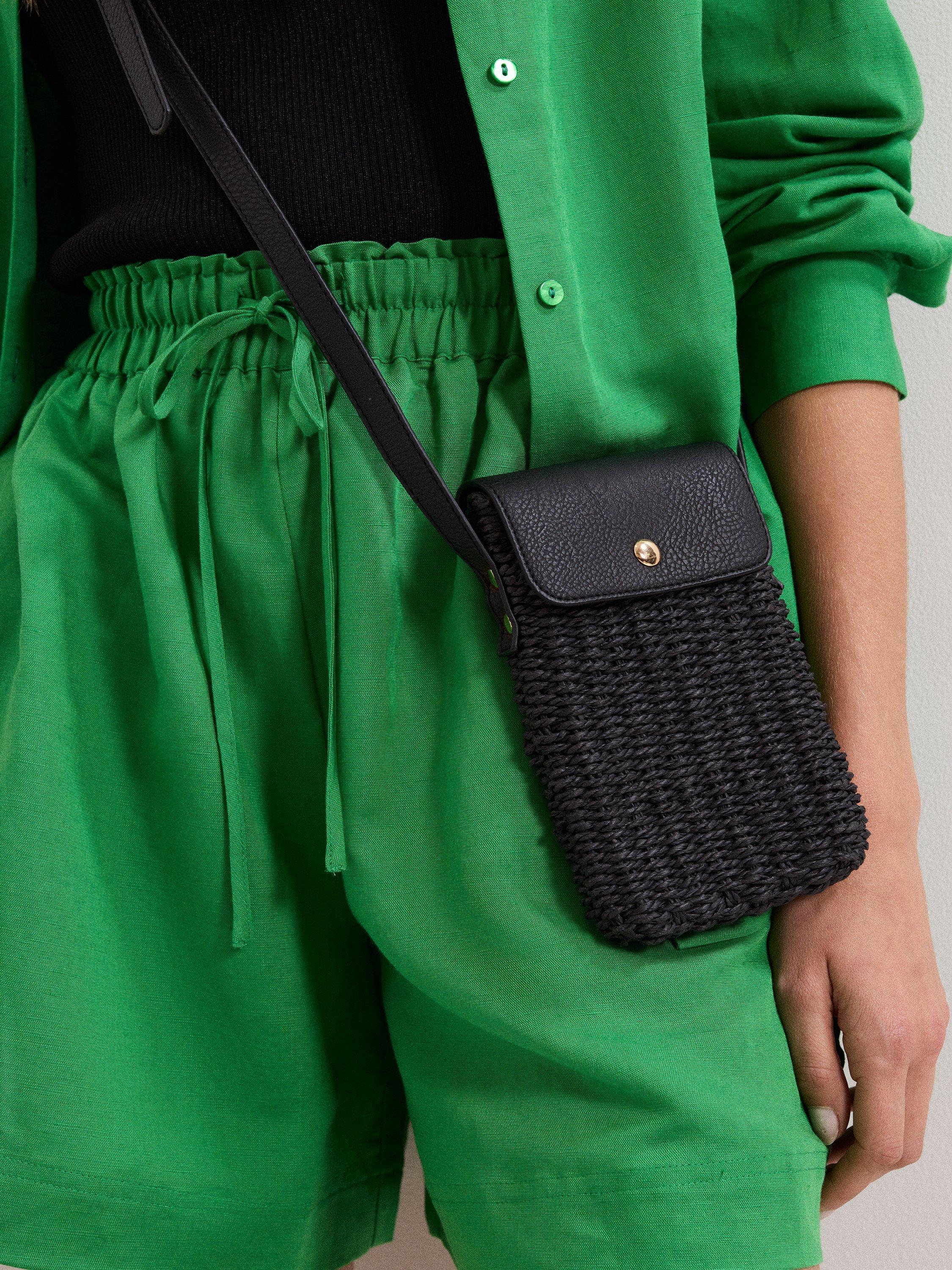 Phase Eight straw crossbody phone bag black, imported from the UK