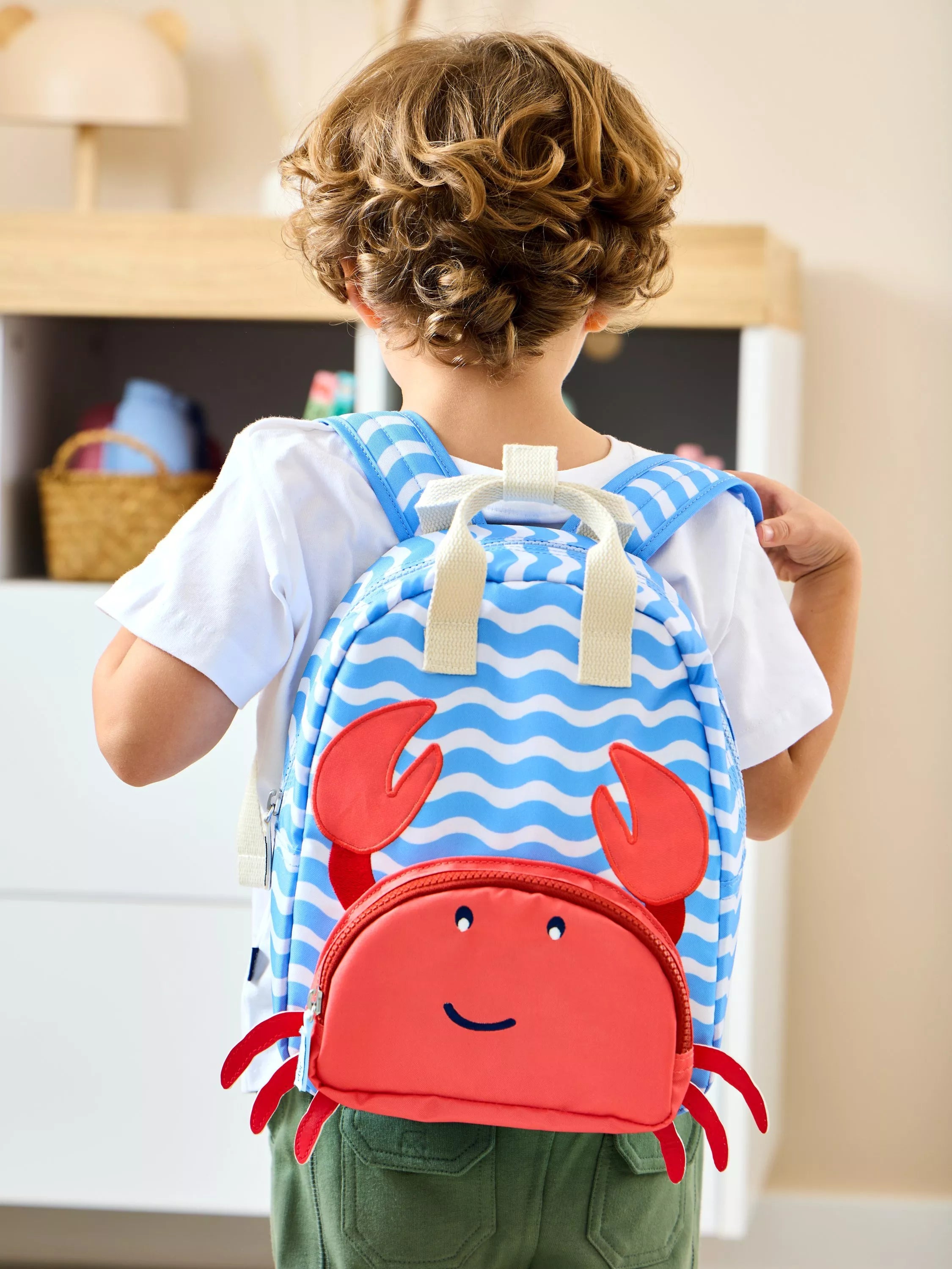 JoJo Maman Bébé kids' crab appliqué backpack mid blue, UK version