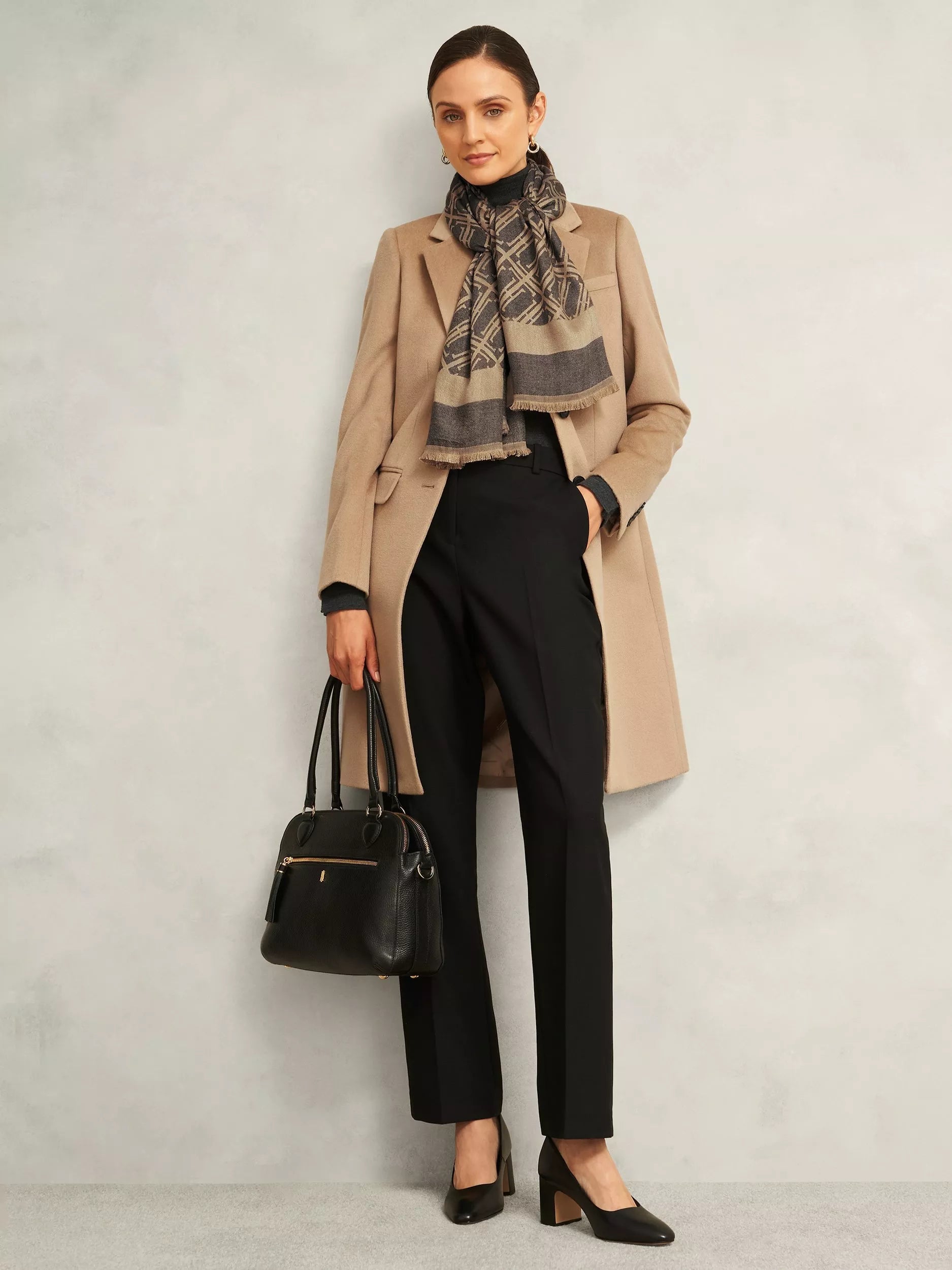 Hobbs Mora Insignia Print scarf Black/Camel 130cm - British product