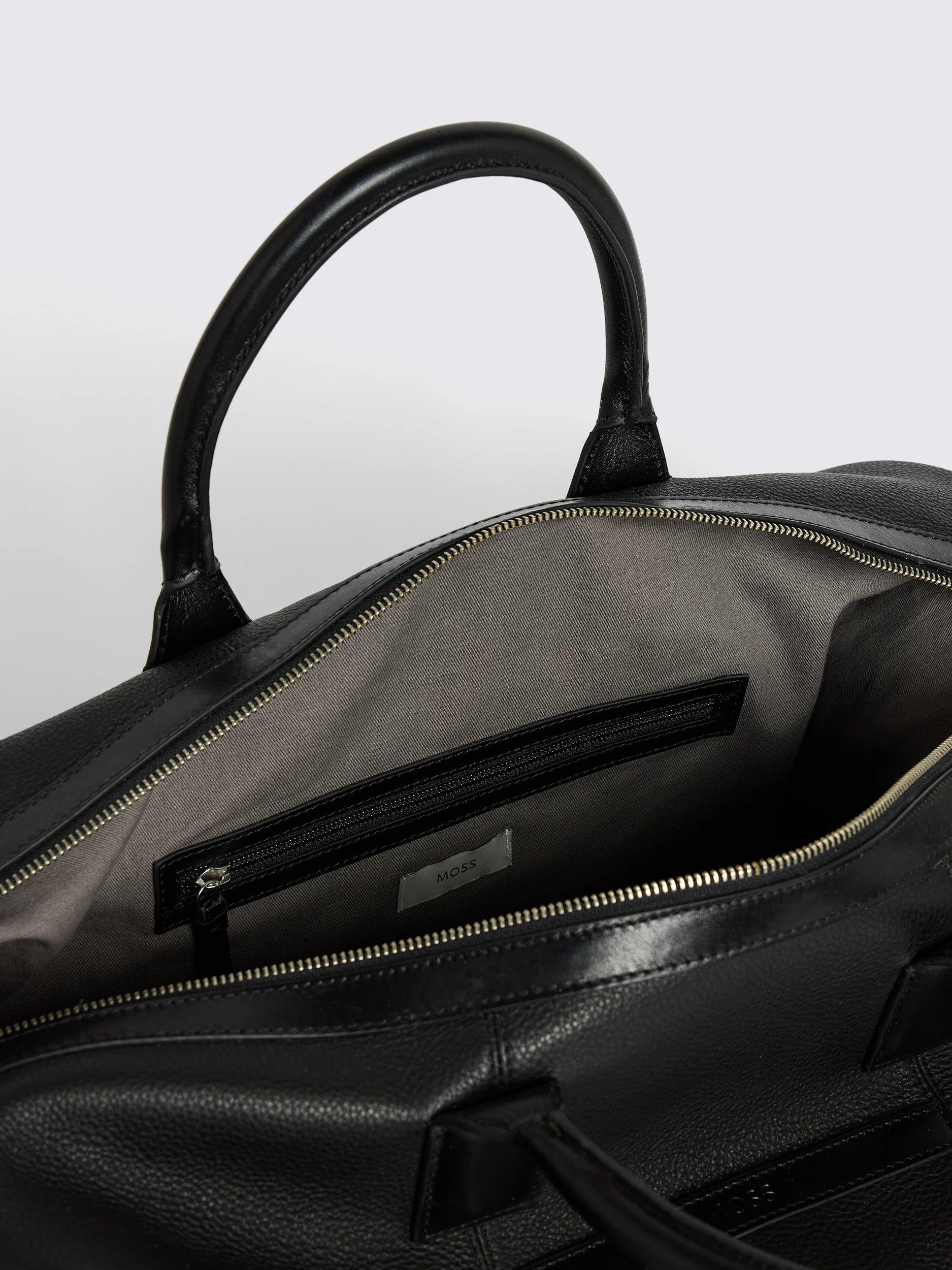 Moss grained leather holdall in black, British brand