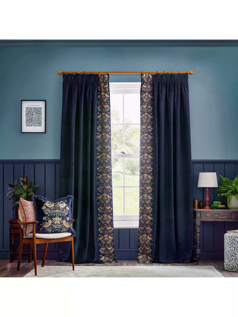 Morris & Co. Strawberry Thief Embroidered Lined Pencil Pleat Curtains Pair 117cm x 137cm