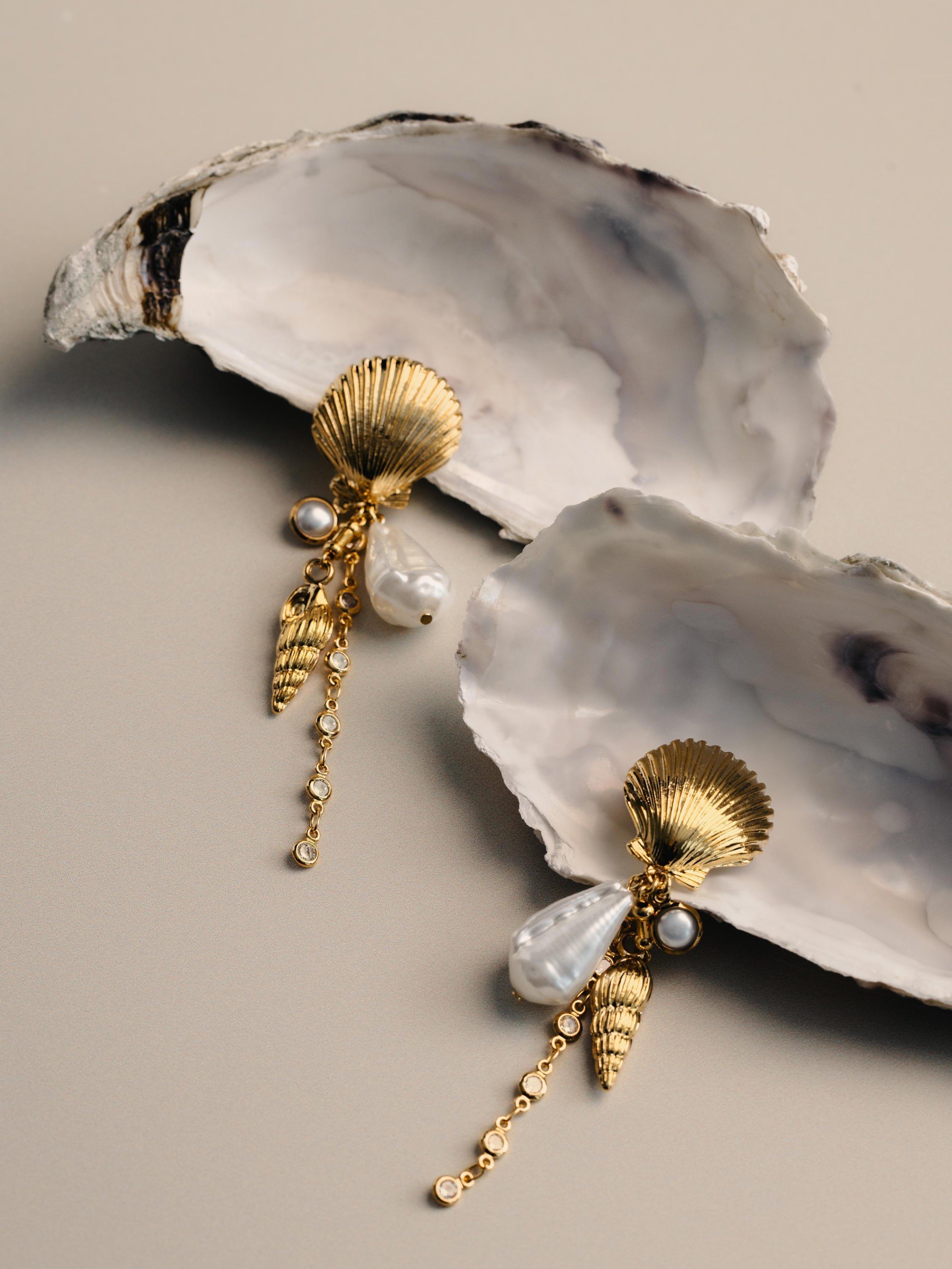Orelia shell and pearl drop earrings gold plated, imported from the UK