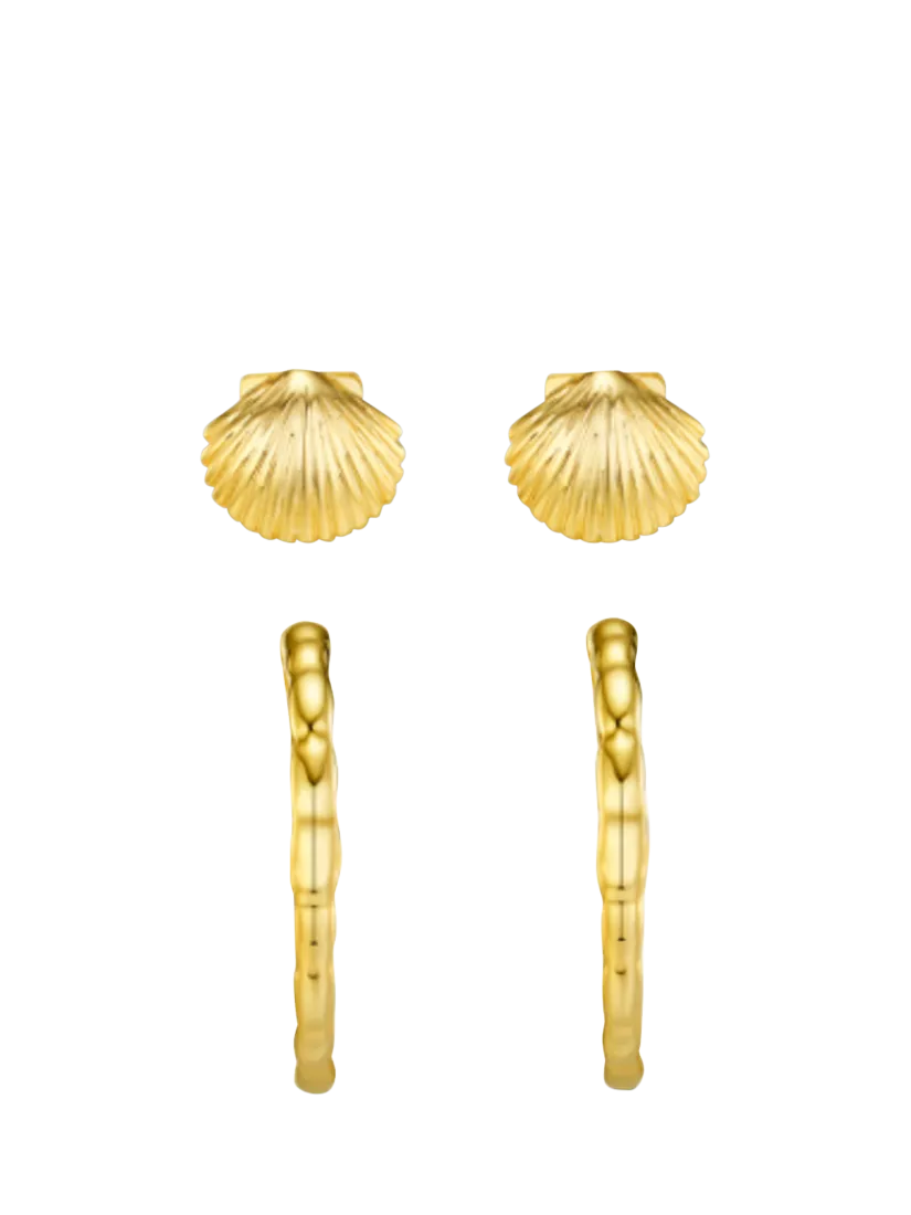 Orelia earring set shell stud and molten hoop pale gold (British brand)