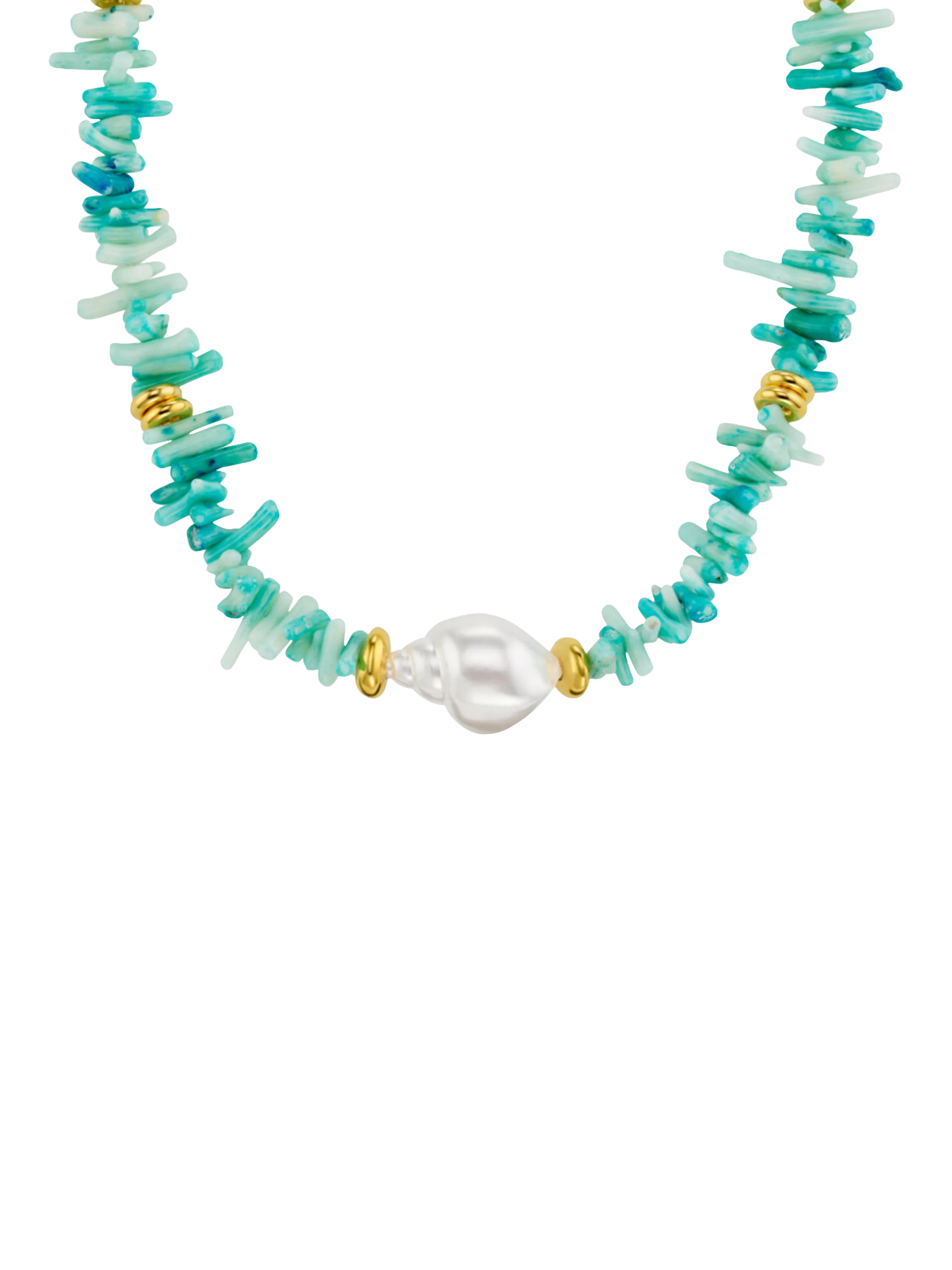 Orelia statement necklace with blue coral chips and pearls, gold plated, UK version