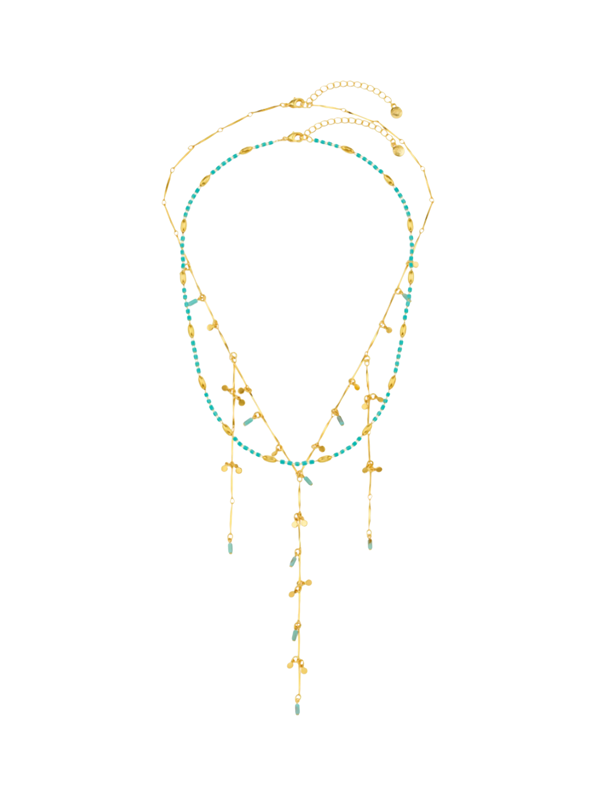Orelia turquoise bead fringe lariat necklace gold plated, imported from the UK