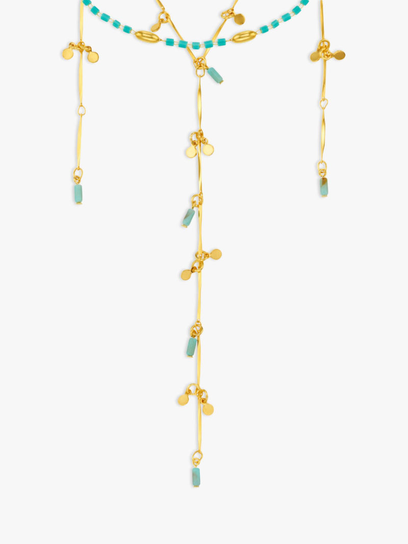 Orelia turquoise bead fringe lariat necklace gold plated, imported from the UK